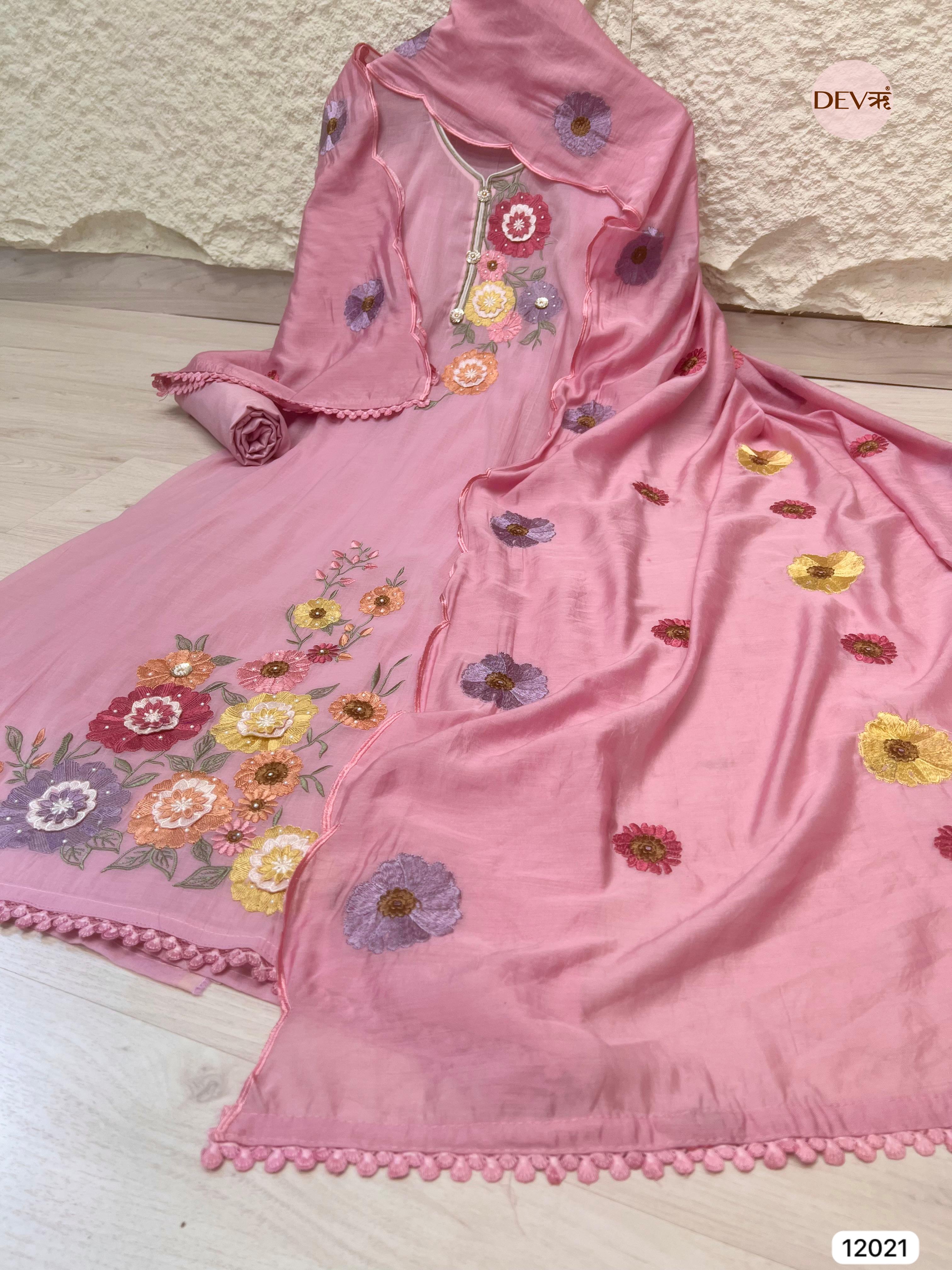 Pink Pure Mul Chanderi Unstitched Embroidered -Set Of 3 - {12021}