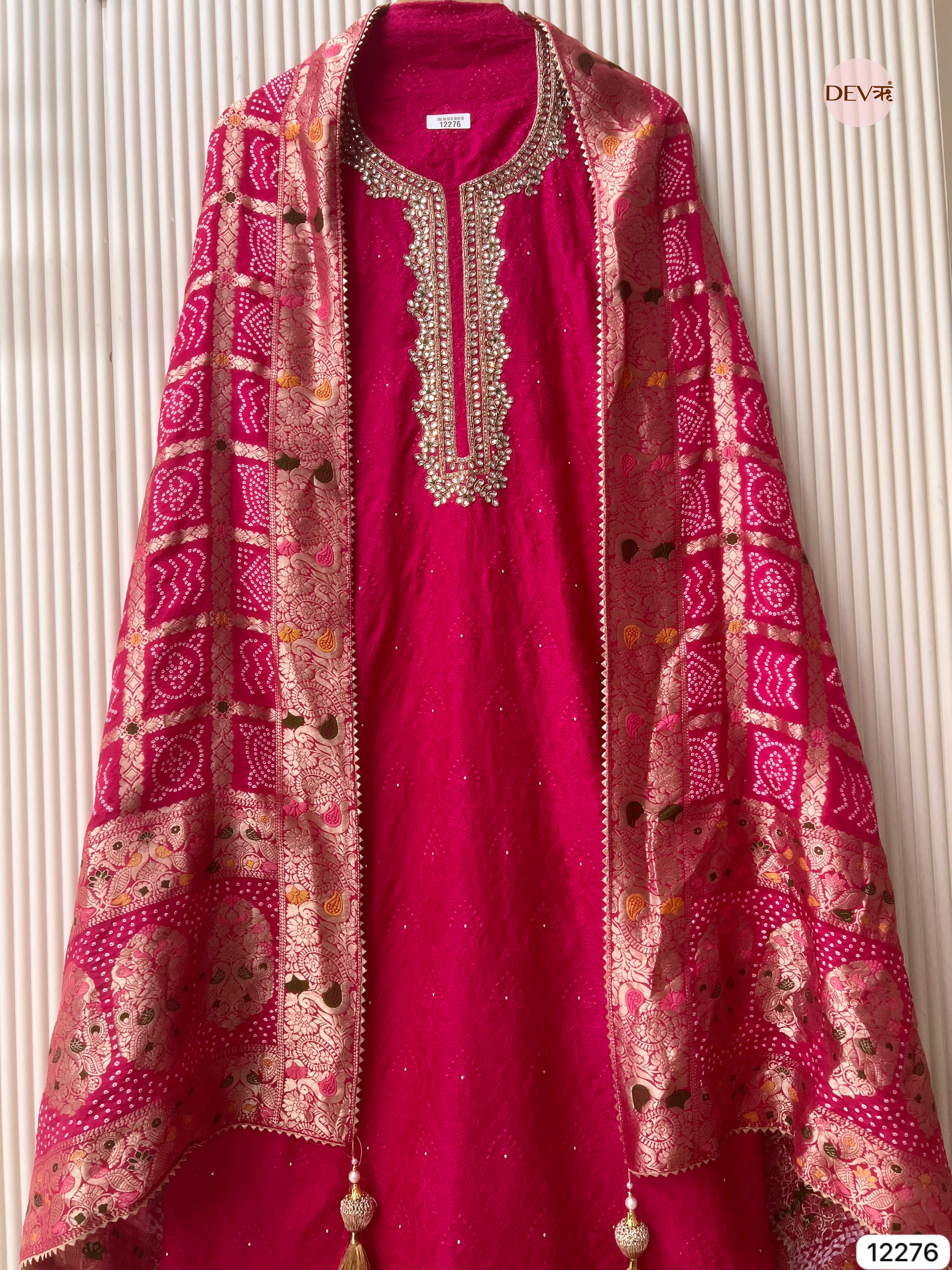 Rani Pink Pure Russian Silk Embroidered Unstitched 3-Piece Suit (Devri – D.No 12276)