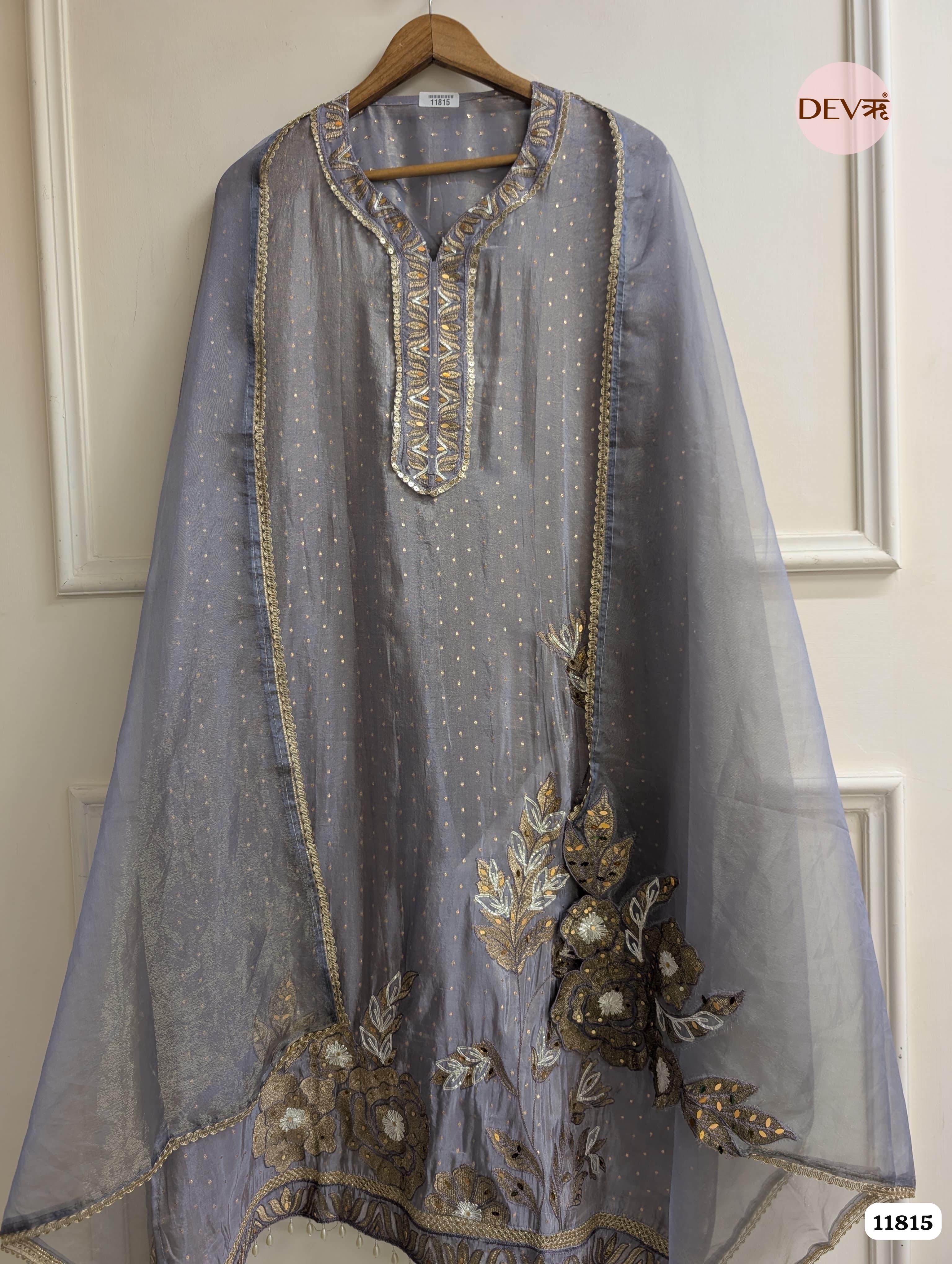 Grey Blue Tissue Silk Woven Unstitched Embroidered -Set Of 3 {11815}