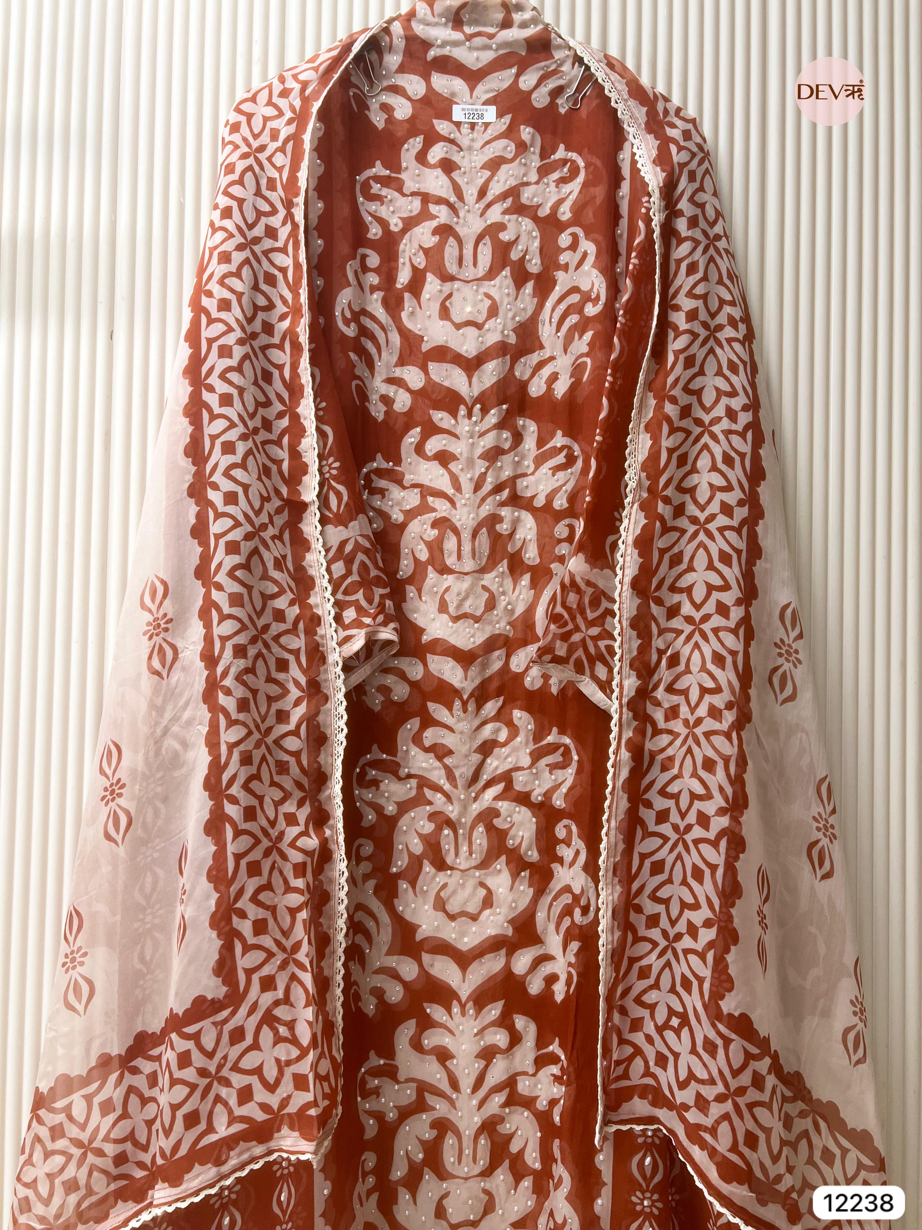 Rust Organza Printed Unstitched 3-Piece Suit (Devri – D.No 12238)