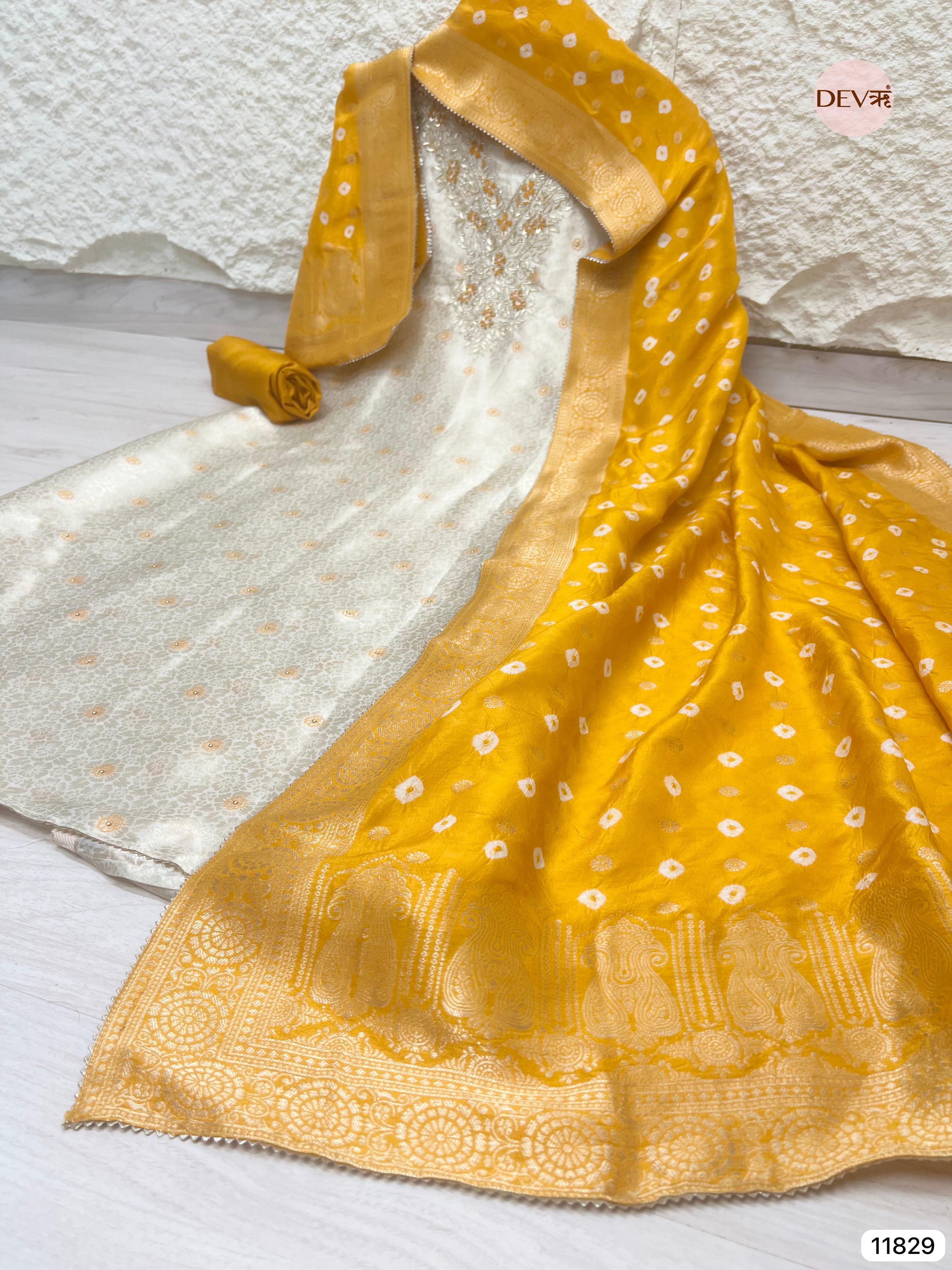 Cream Colour Pure Tissue Shimmer Silk Unstitched Hand Embroidered -Set Of 3- {11829}