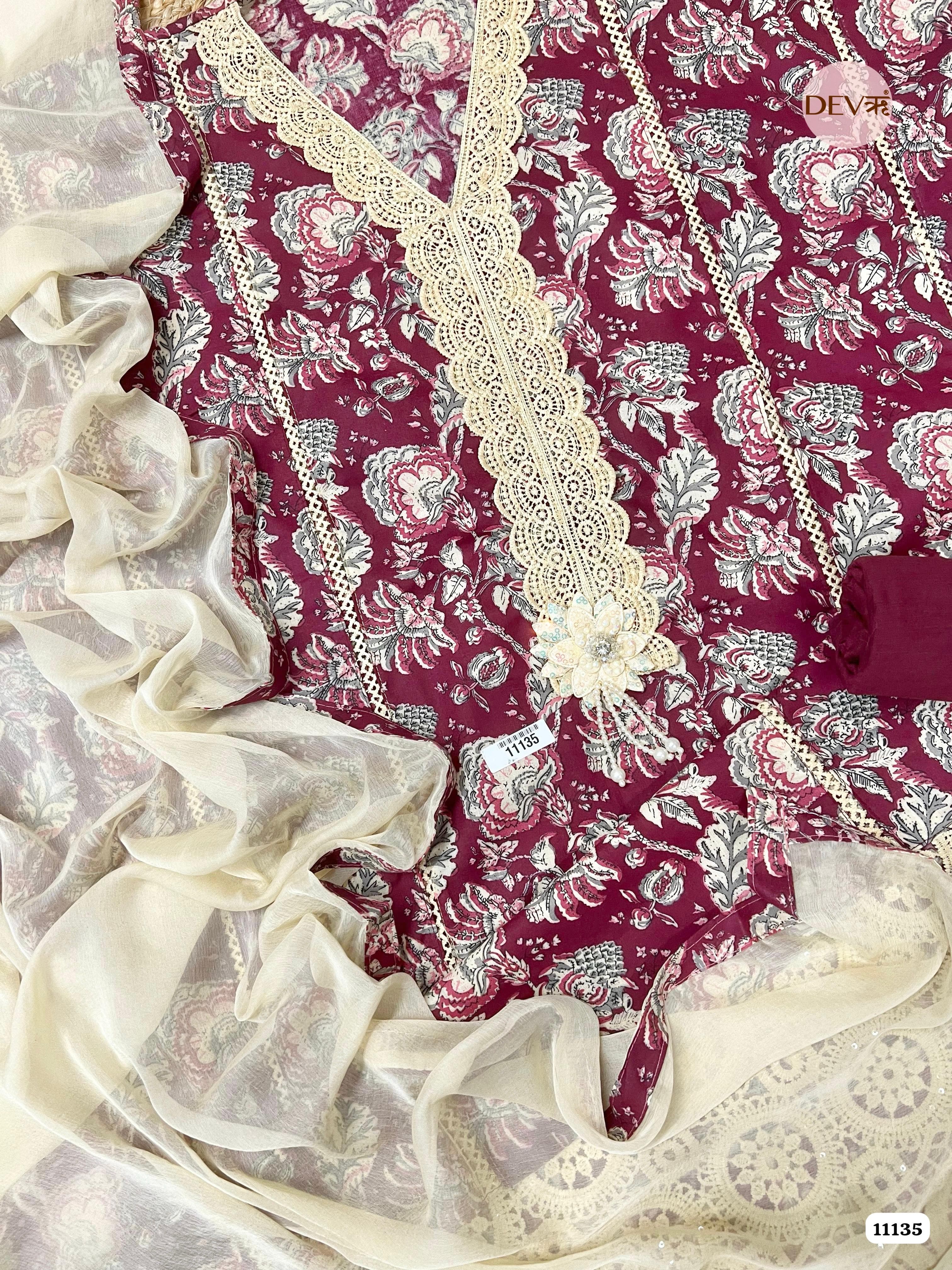 Maroon Cotton Unstitched Printed -Set Of 3