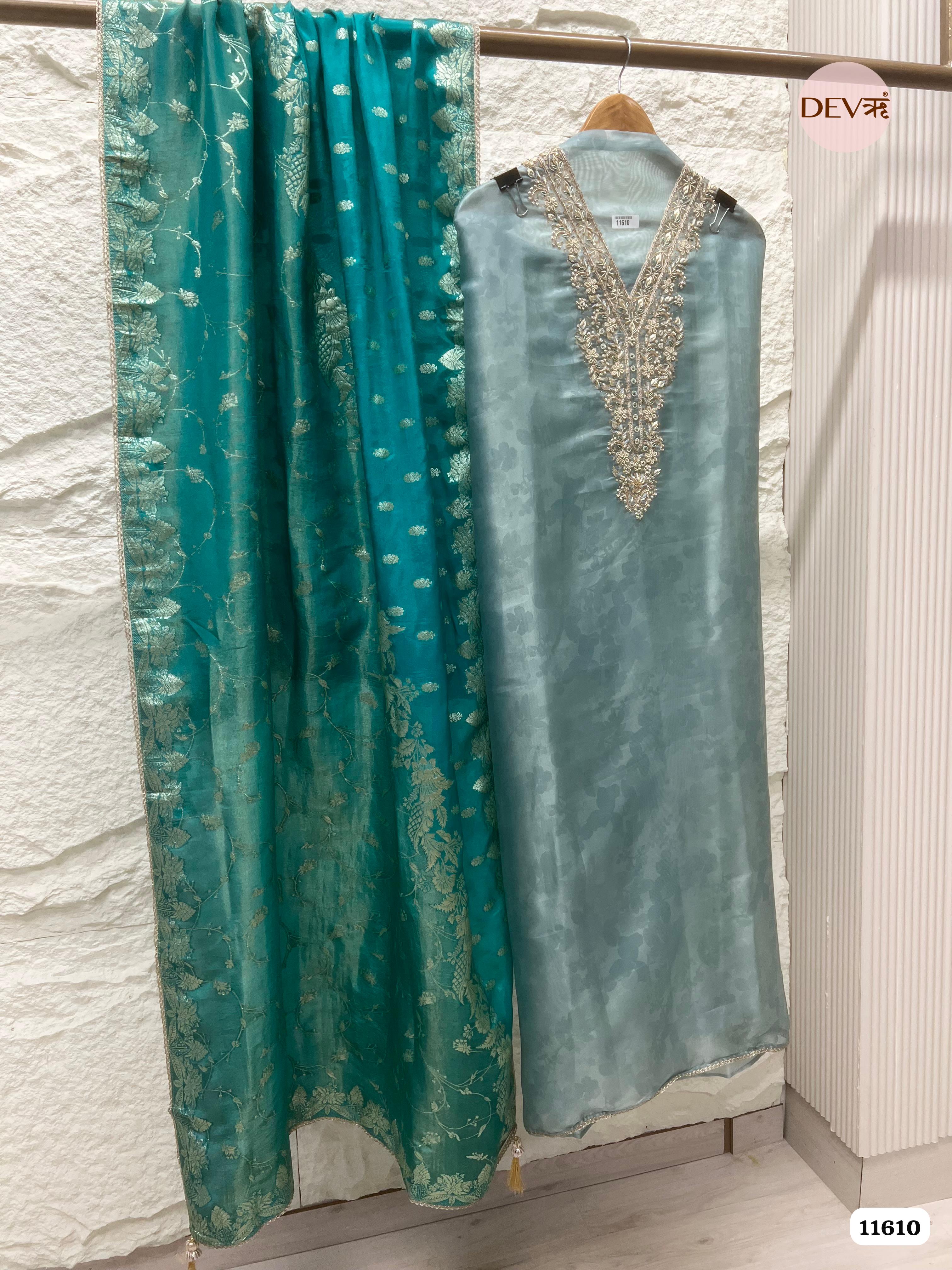 Green Silk Pure Tissue Organza Printed Unstitched Hand Embroidered -Set Of 3 {11610}