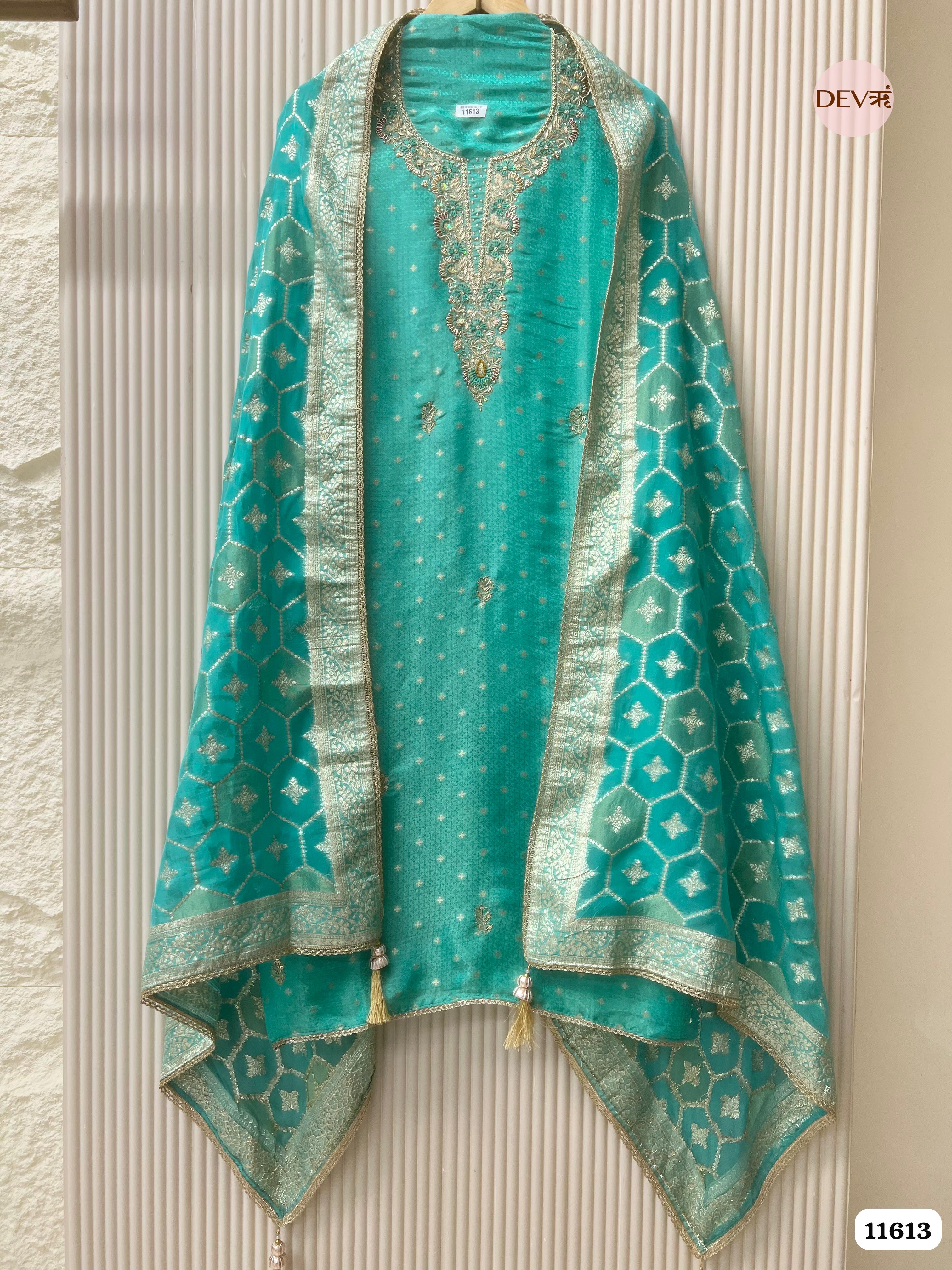 Green Pure Tissue Banarasi Silk Unstitched Hand Embroidered -Set Of 3 {11613}