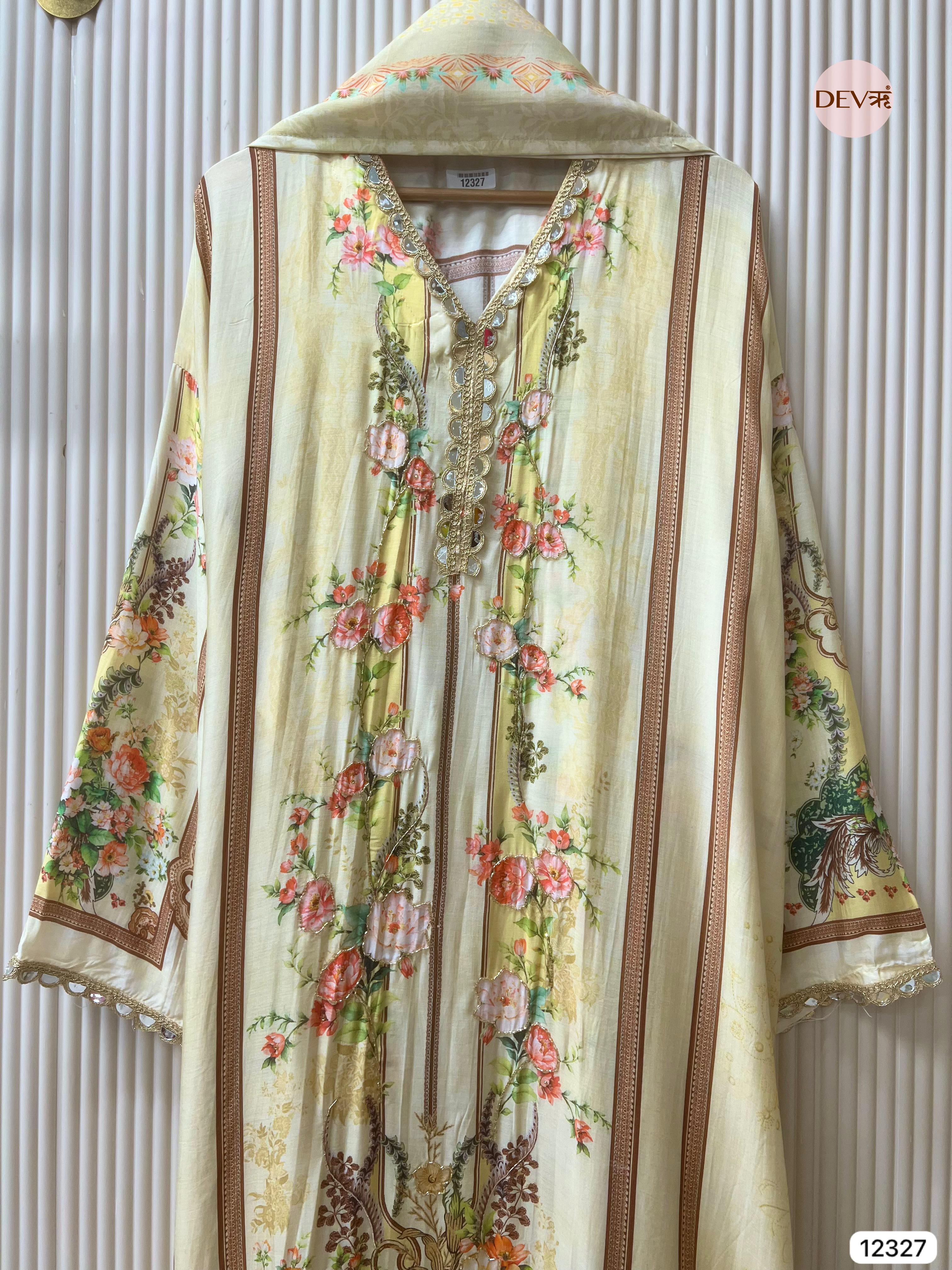 Soft Cream Muslin Printed Unstitched 3-Piece Suit (Devri – D.No 12327)