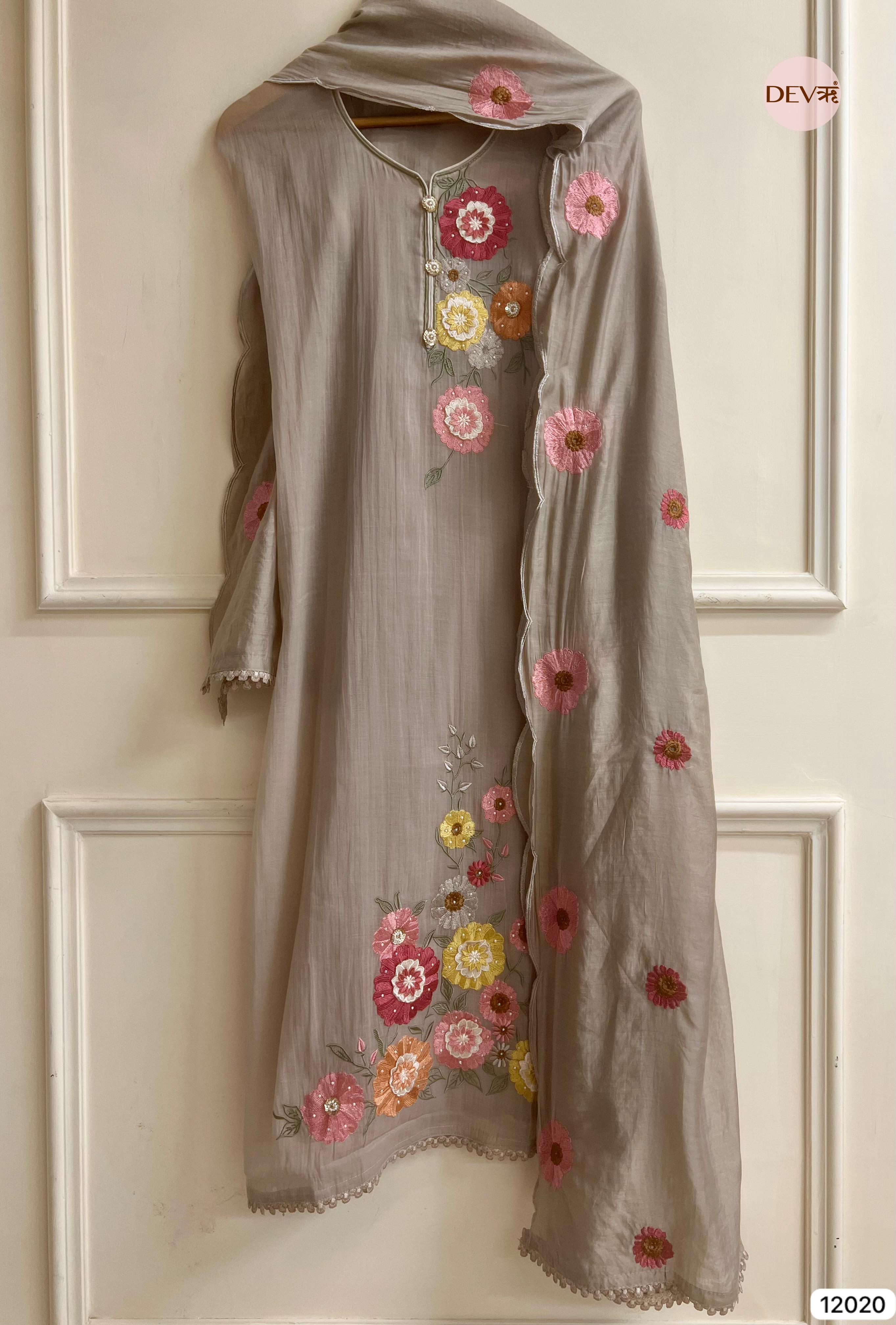 Brownish-Grey Pure Mul Chanderi Unstitched Embroidered -Set Of 3 - {12020}