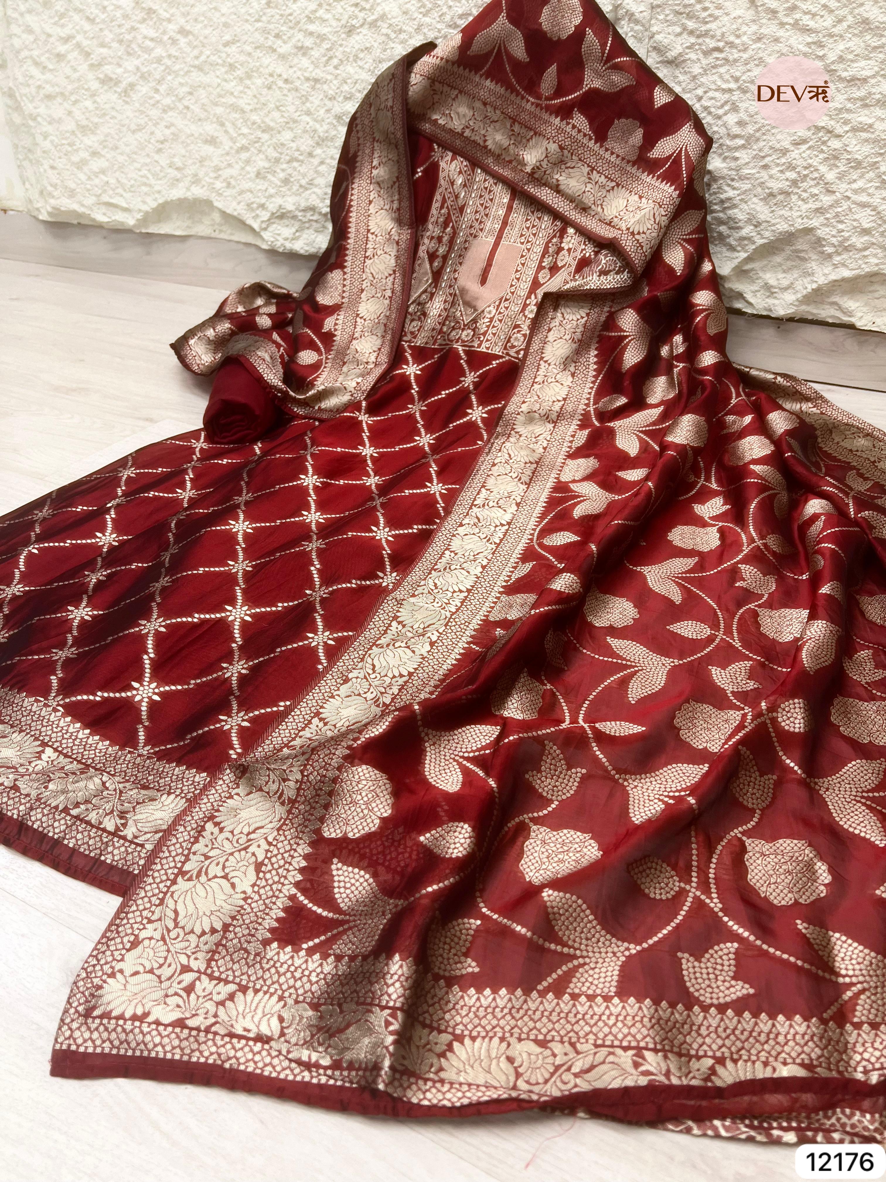 Red Pure Banarasi Silk Unstitched Hand Embroidered-Set of 3- {12176}
