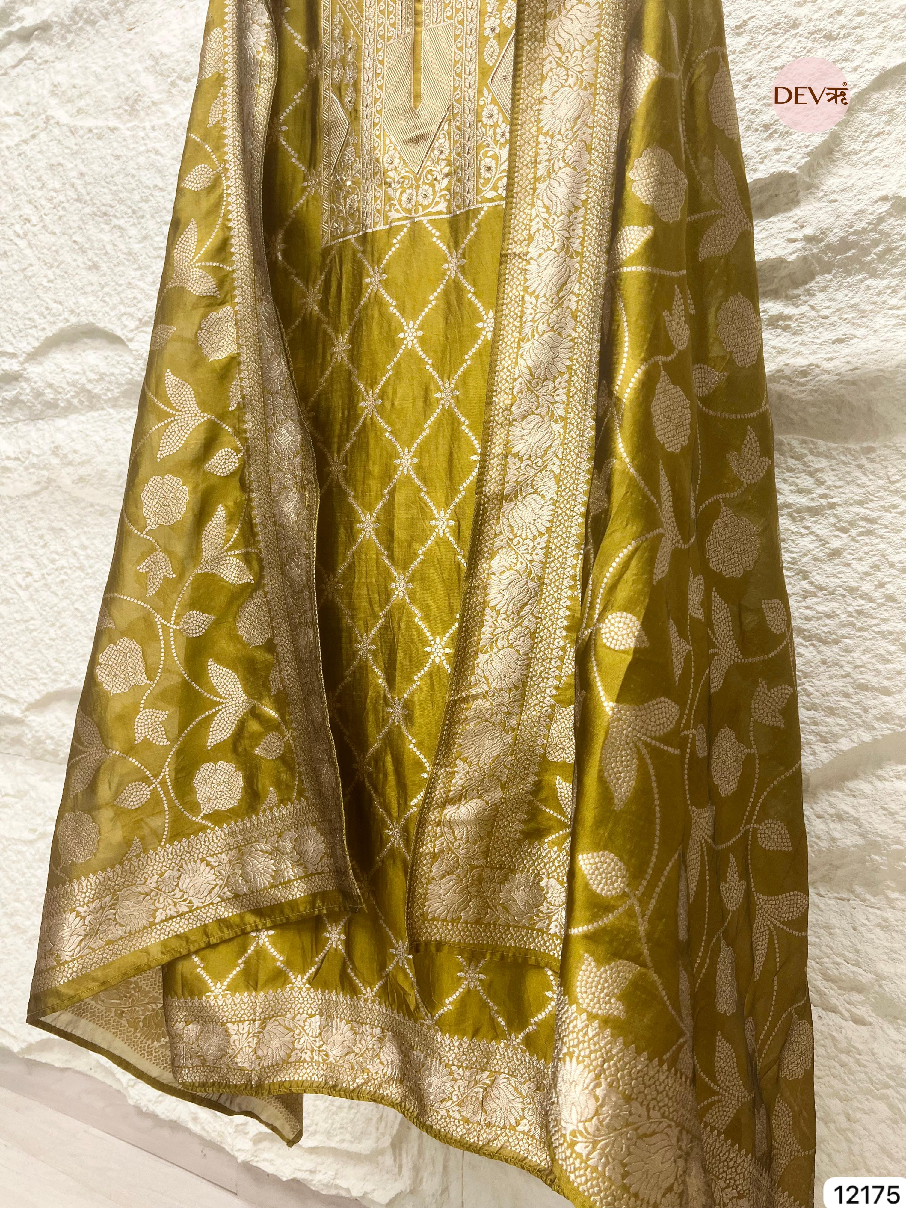 Yellow Pure Banarasi Silk Unstitched Hand Embroidered-Set of 3 - {12175}