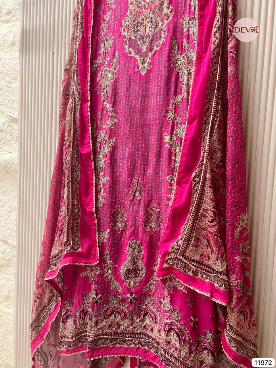 Fuchsia Pink Muslin Printed Unstitched 3-Piece Suit (Devri – D.No 11972)