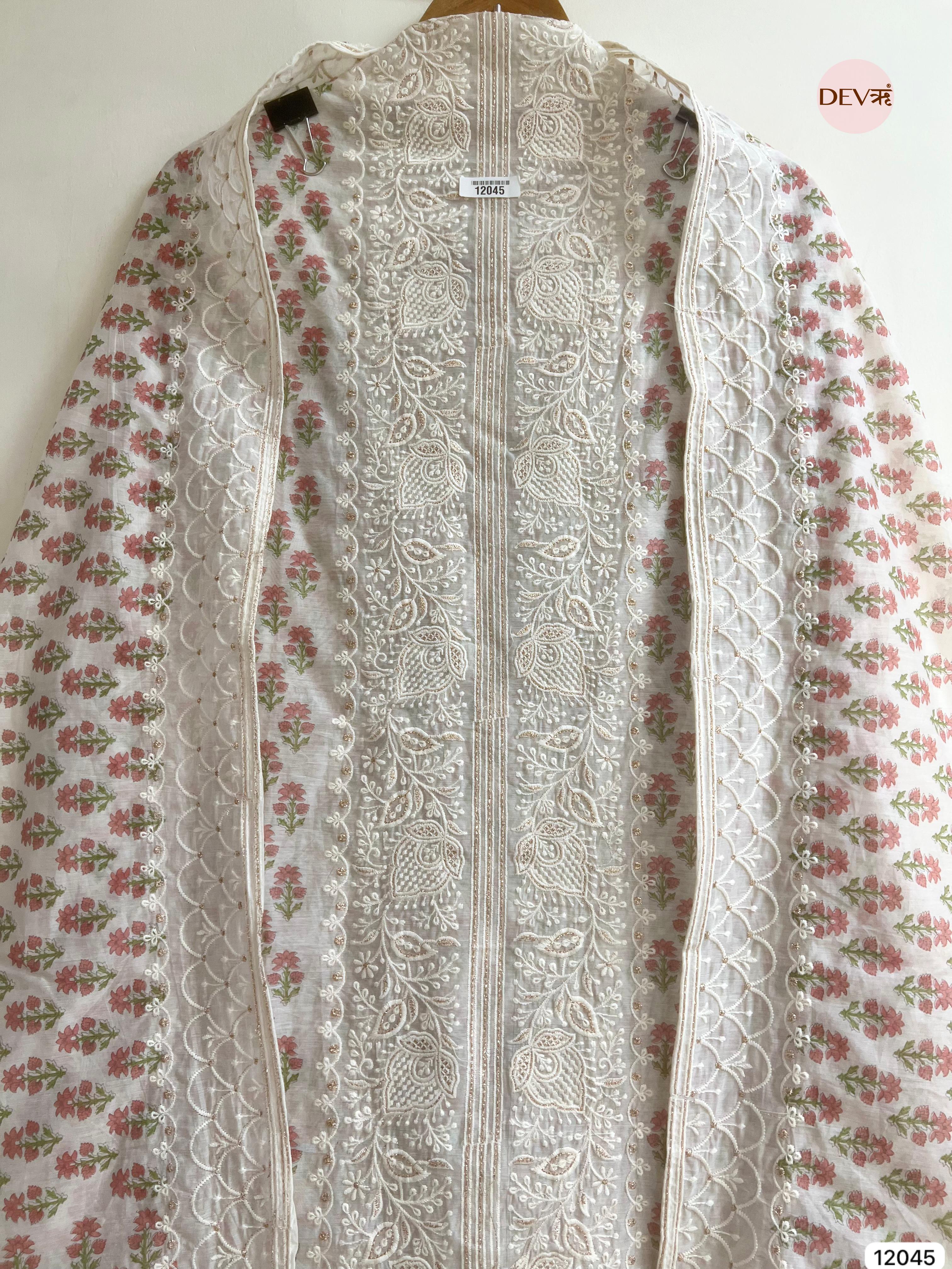 Off White Mul Chanderi Unstitched Block Printed Lucknawi Embroidered -Set Of 3 - {12045}