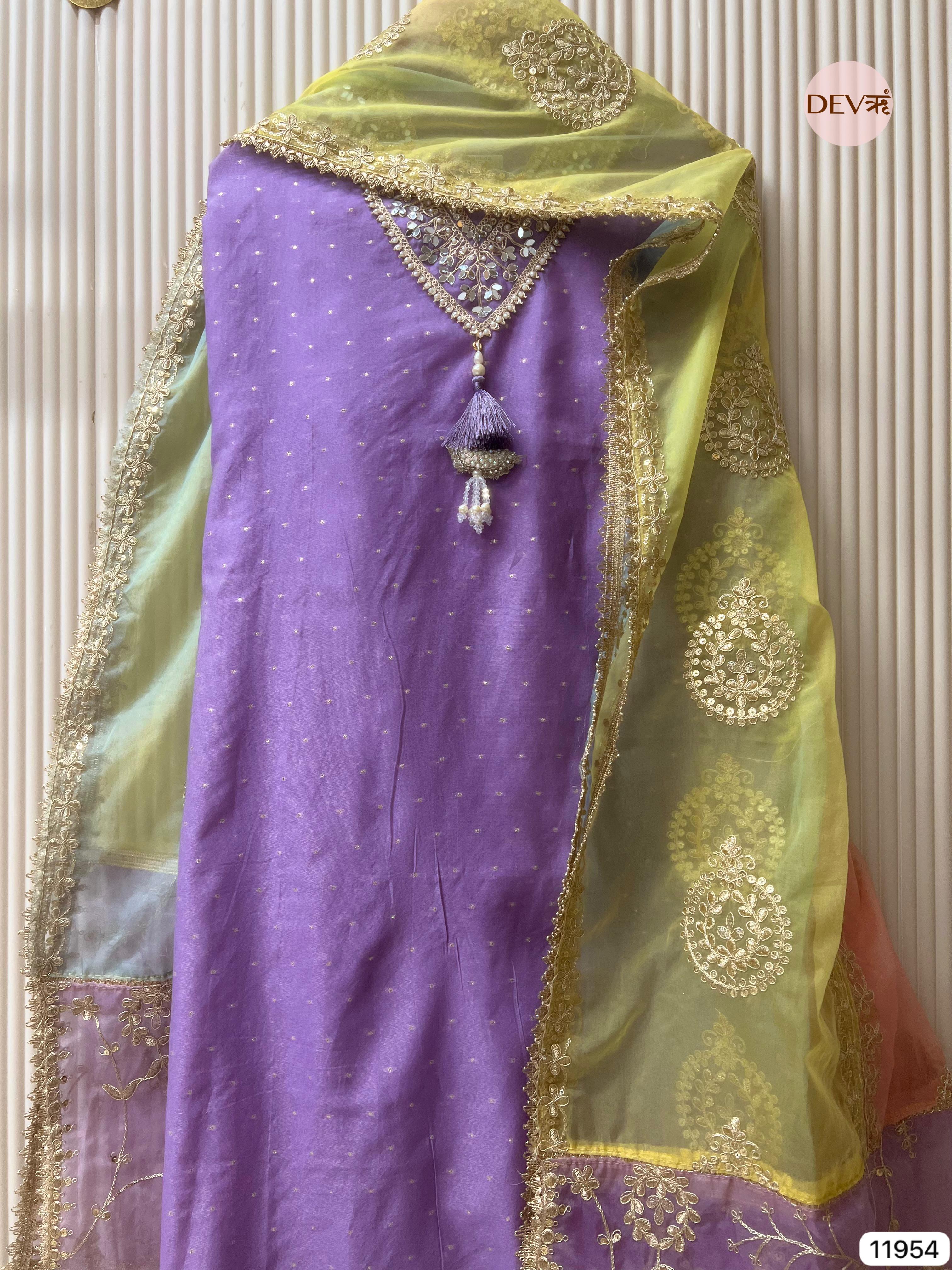 Purple Pure Shimmer Tissue Silk Unstitched Hand Embroidered -Set Of 3 - {11954}