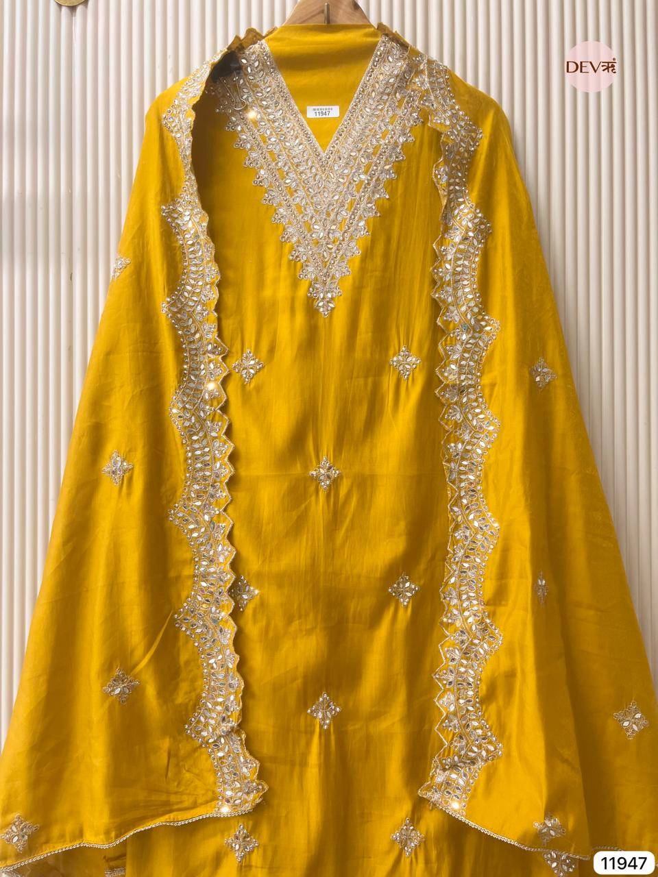 Yellow Modal Silk Unstitched Hand Embroidered -Set Of 3 - {11947}