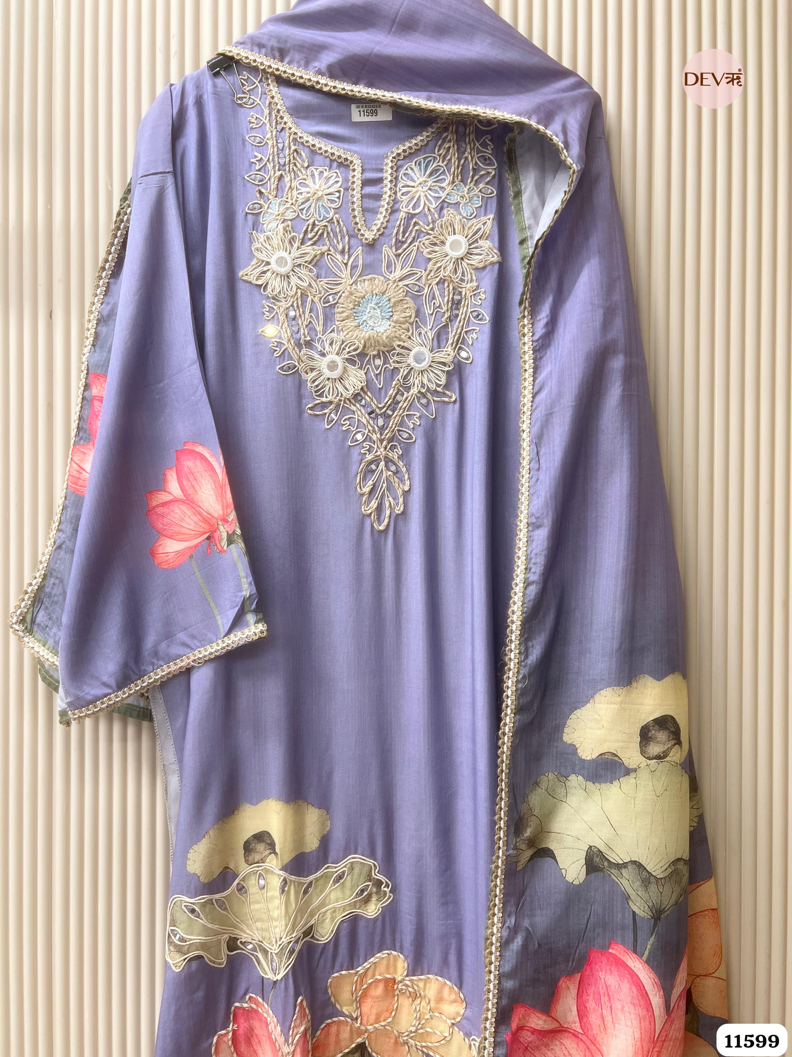 Purple Muslin Semi Stitched Embroidered Printed -Set Of 3 {11599}