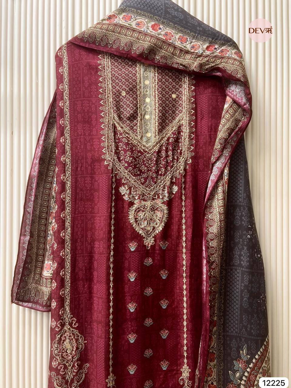 Maroon Pure Muslin Printed Unstitched 3-Piece Suit (Devri – D.No 12225)