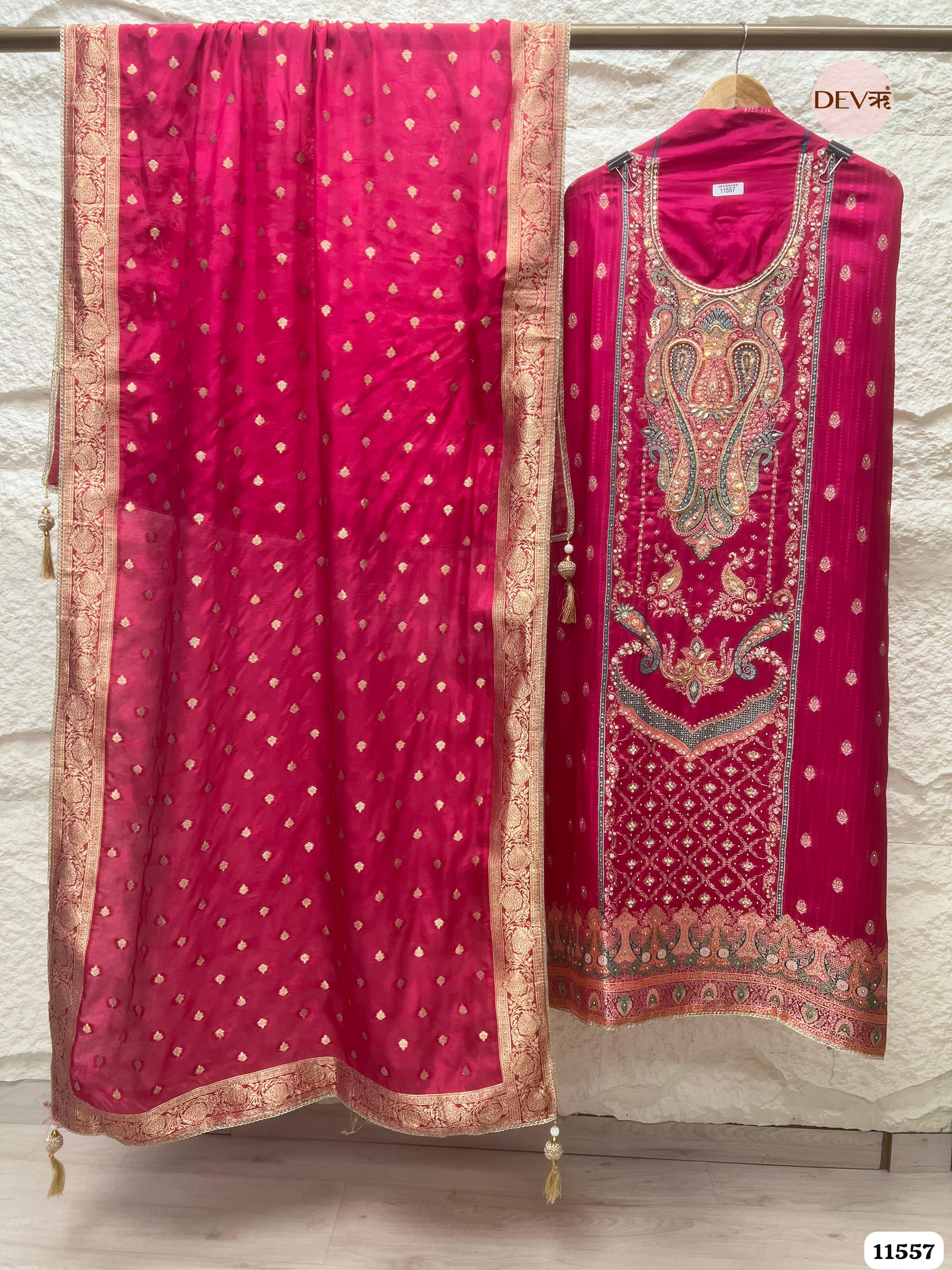 Rani Pink Pure Dola Silk Unstitched Hand Embroidered Banarasi Weave -Set Of 3 {11557}
