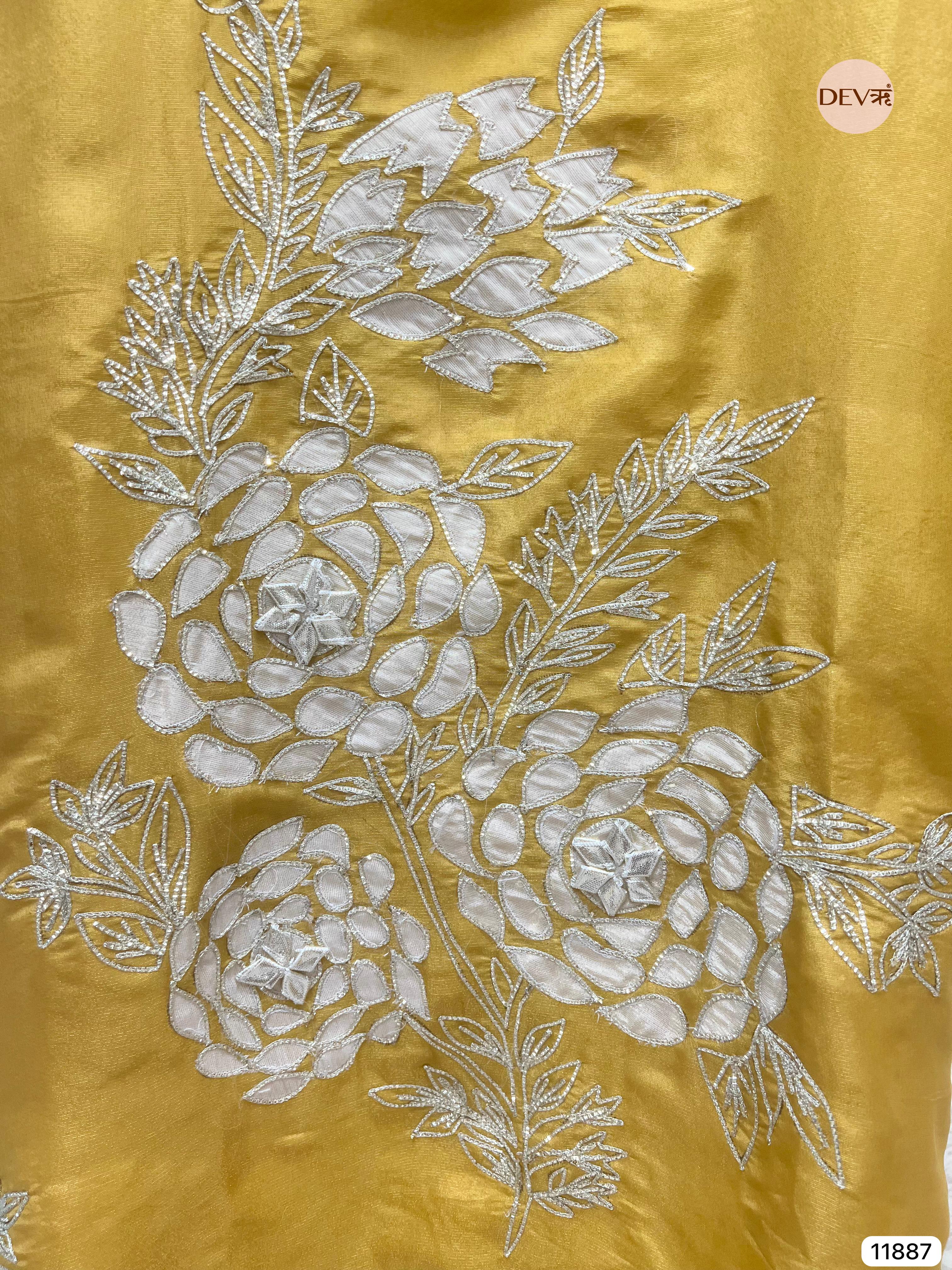 Yellow Tissue Silk Shimmer Silk Unstitched Hand Embroidered -Set Of 3- {11887}