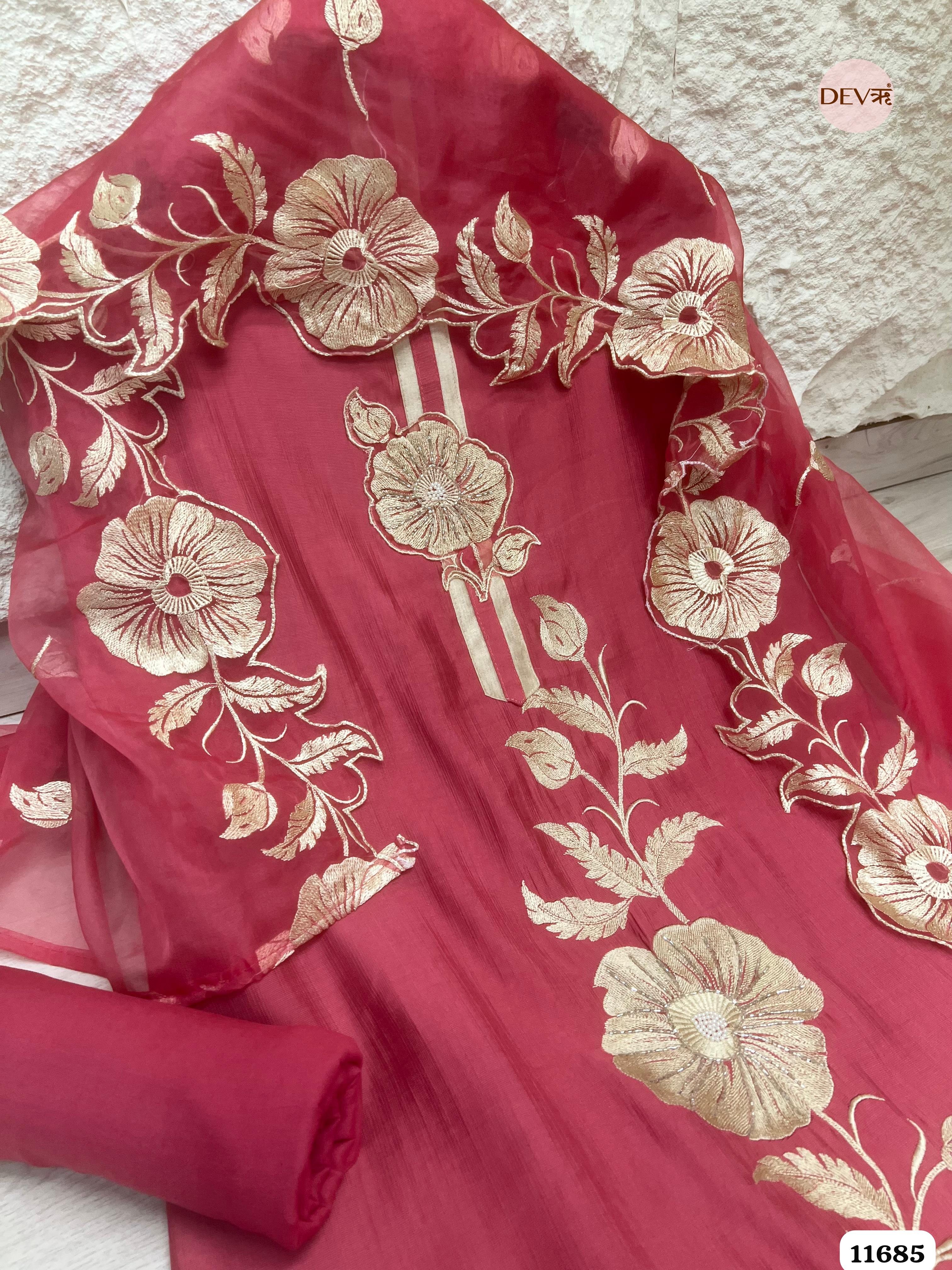 Pink Mul Chanderi Unstitched Embroidered -Set Of 3 {11685}