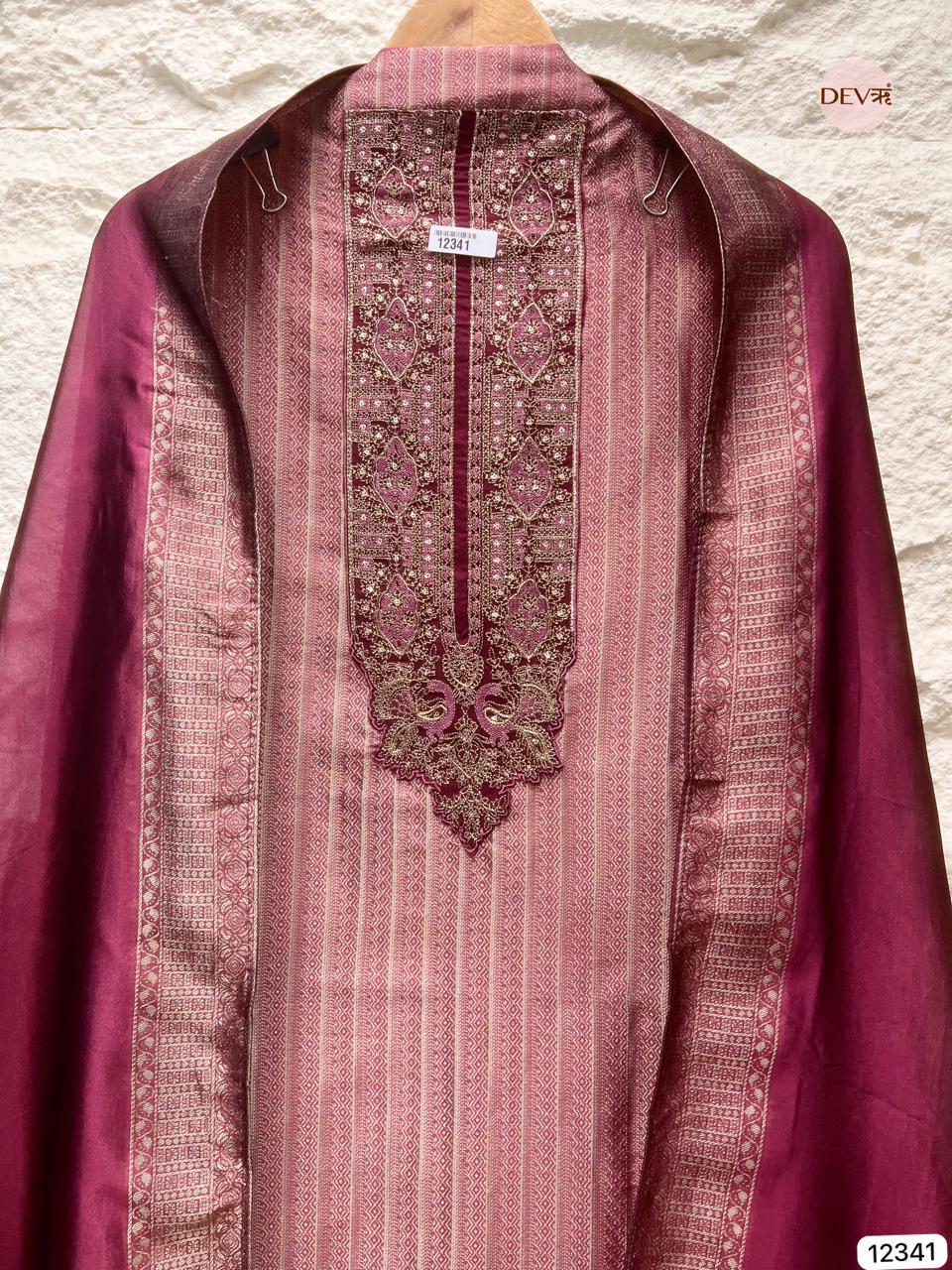 Wine Maroon Pure Banarasi Silk Woven Unstitched 3-Piece Suit (Devri – D.No 12341)