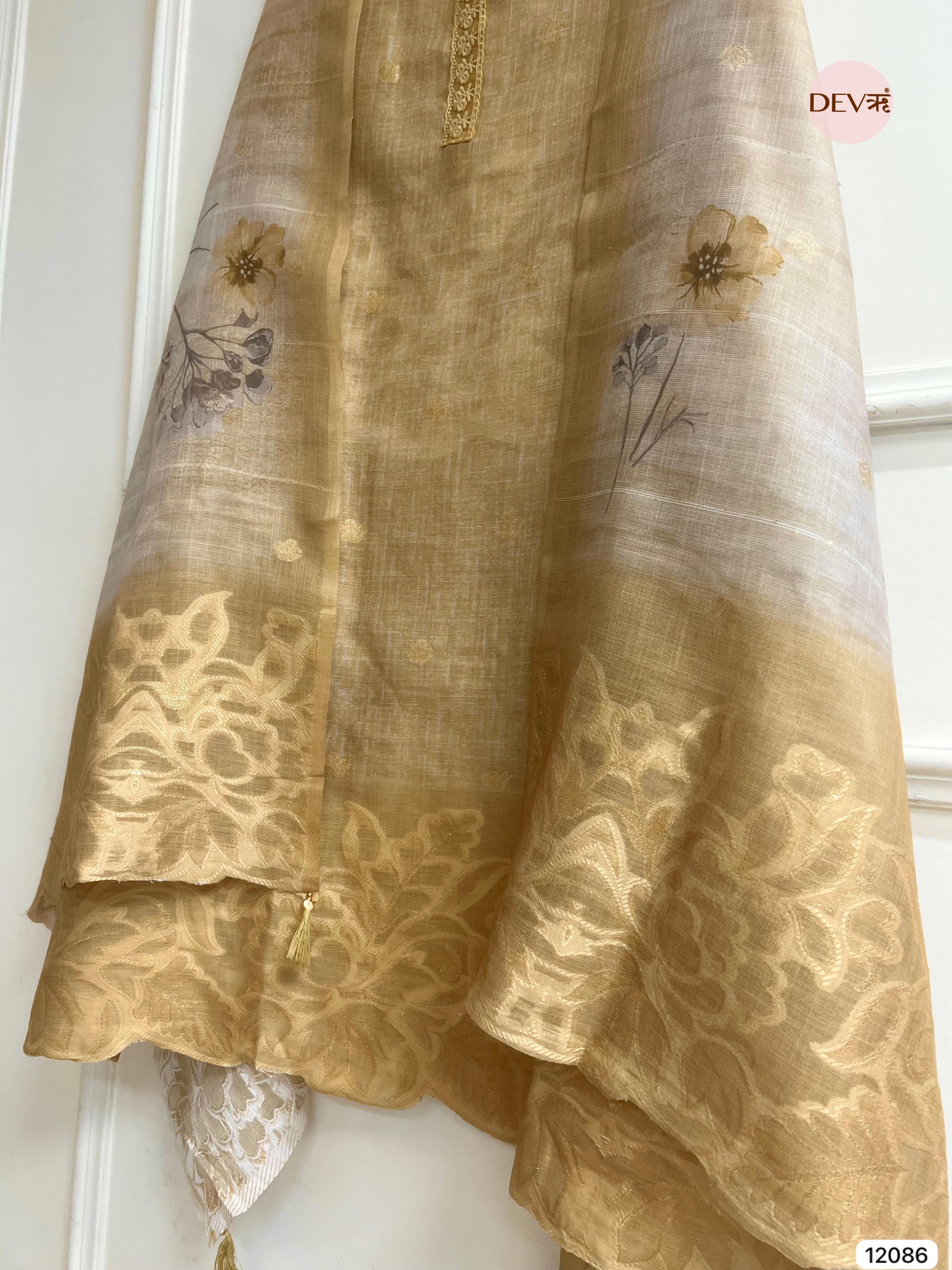 Golden Pure Raw Unstitched Silk Thread Woven Embroidered -Set Of 3 - {12086}