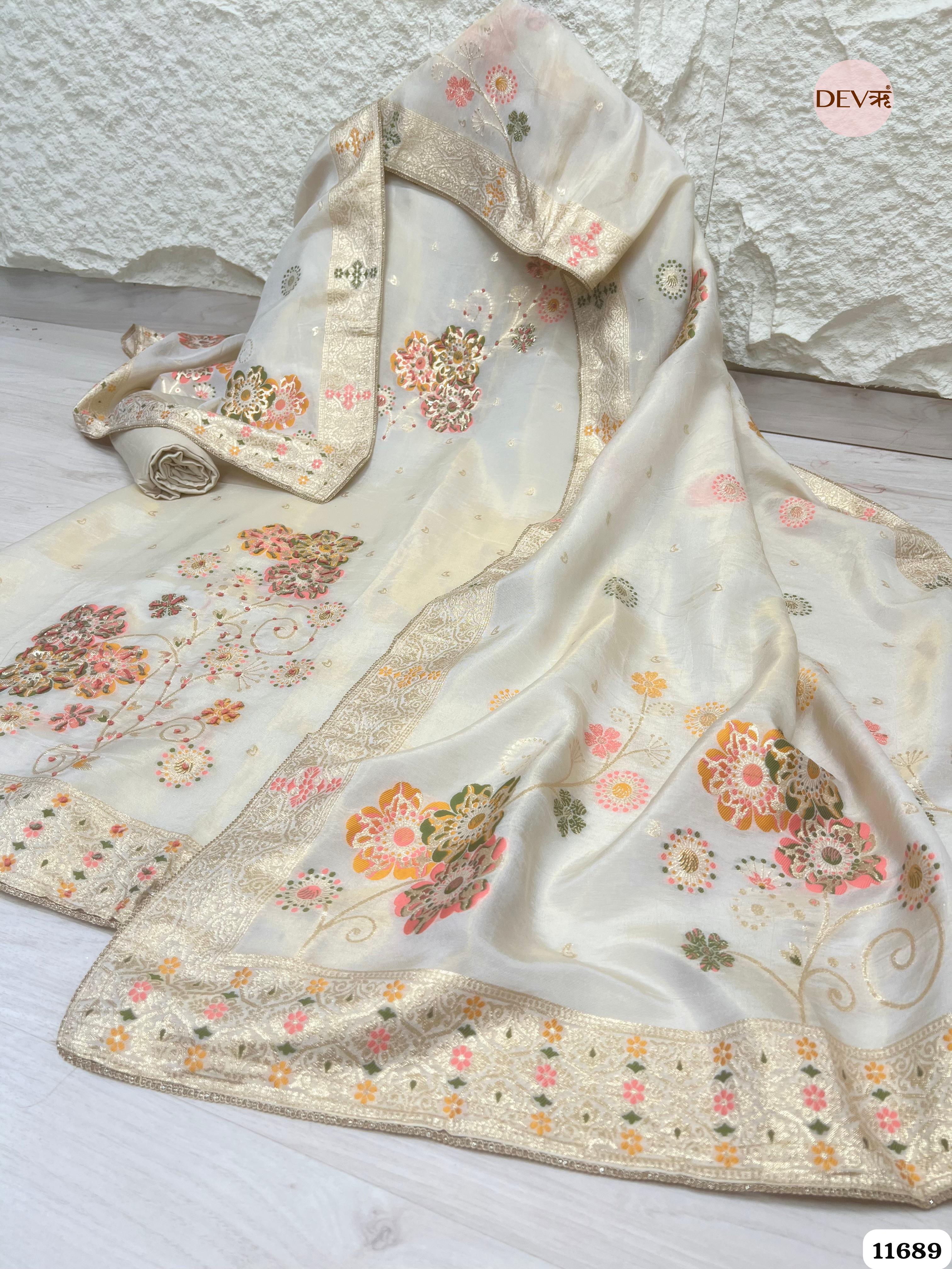 Off white Burberry Silk Unstitched Woven Embroidered -Set Of 3 {11689}