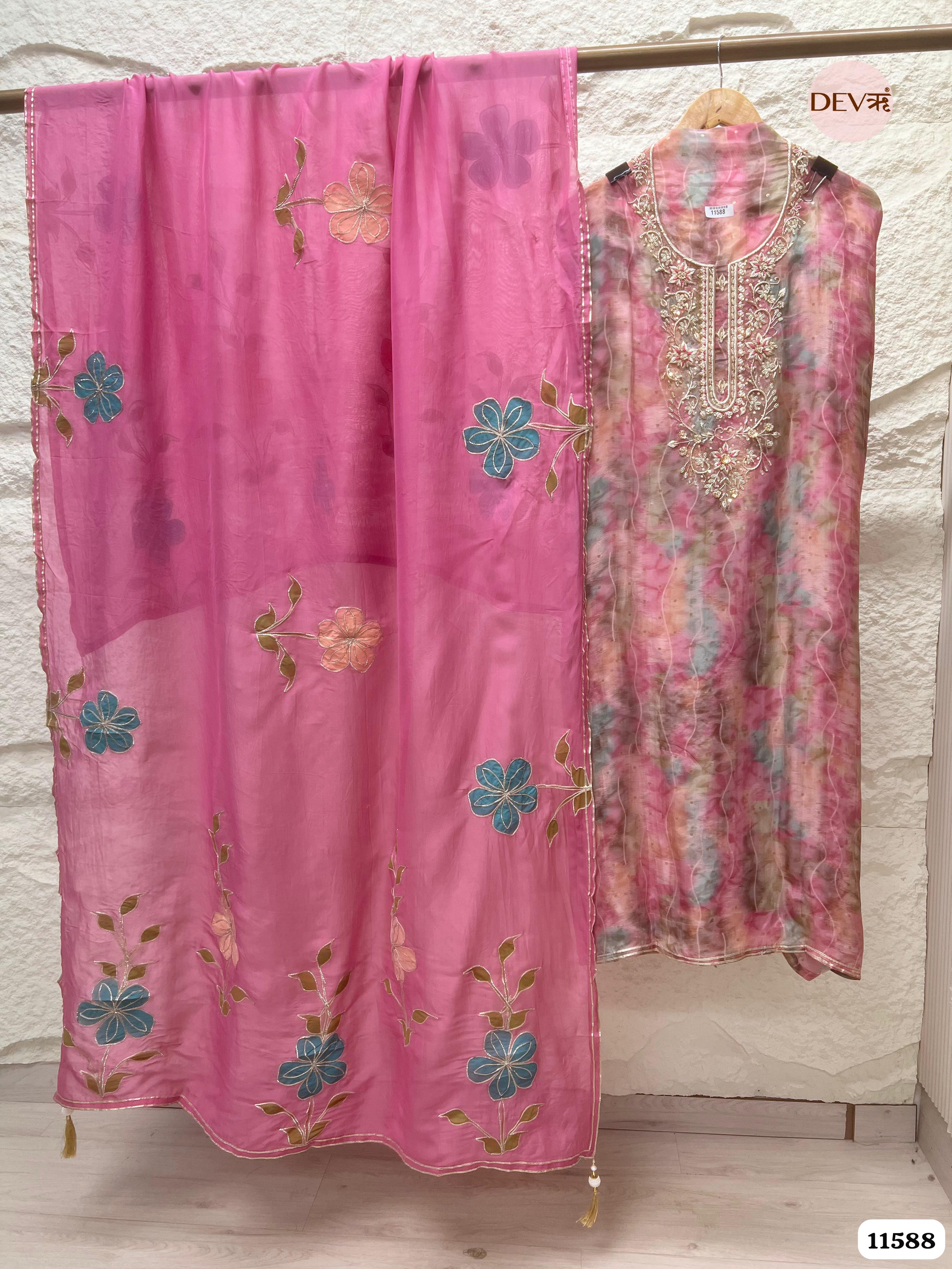 Pink Pure Organza Silk Printed Unstitched Hand Embroidered -Set Of 3 {11588}