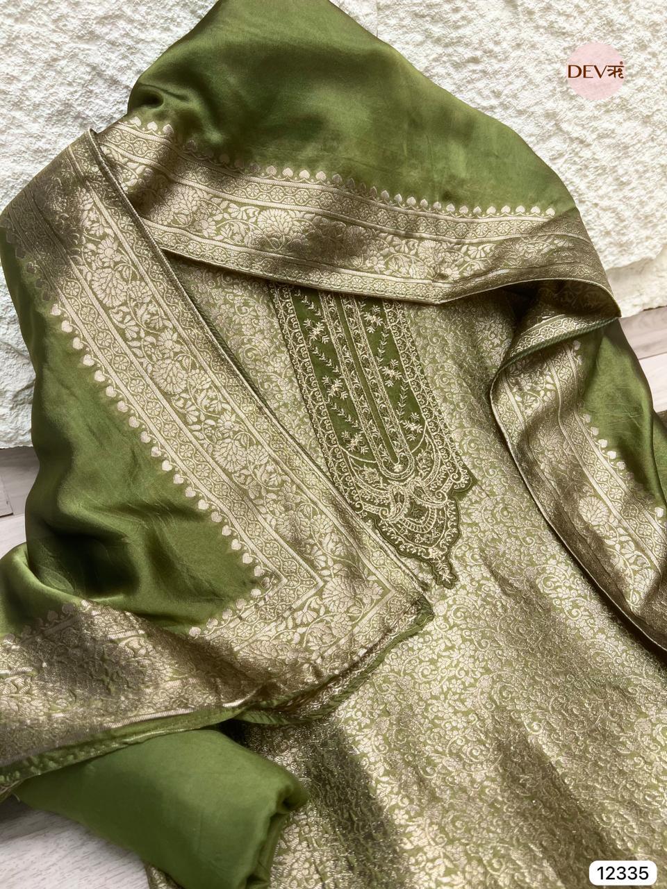 Olive Green Pure Banarasi Silk Embroidered Unstitched 3-Piece Suit (Devri – D.No 12335)