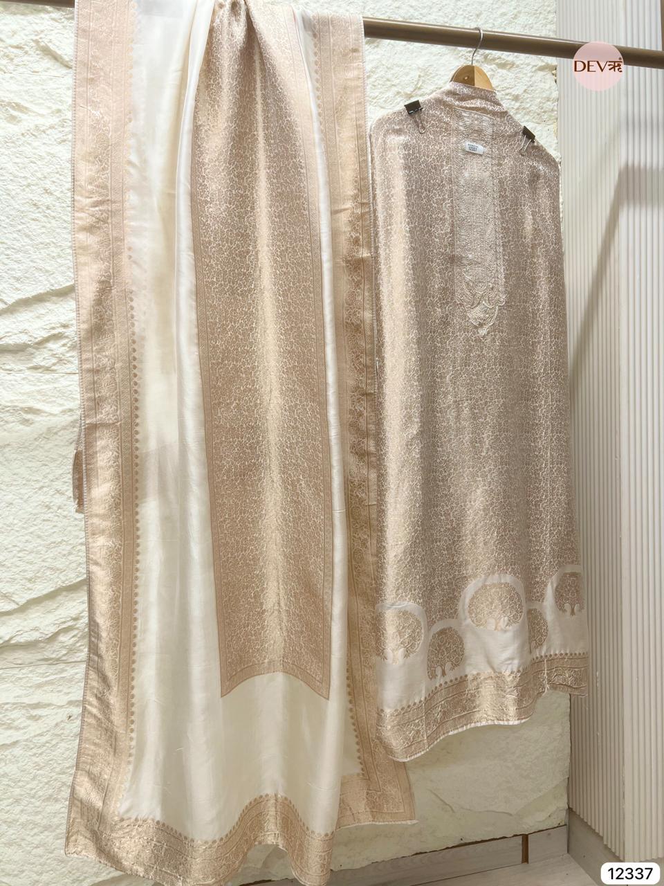Ivory Beige Pure Banarasi Silk Embroidered Unstitched 3-Piece Suit (Devri – D.No 12337)