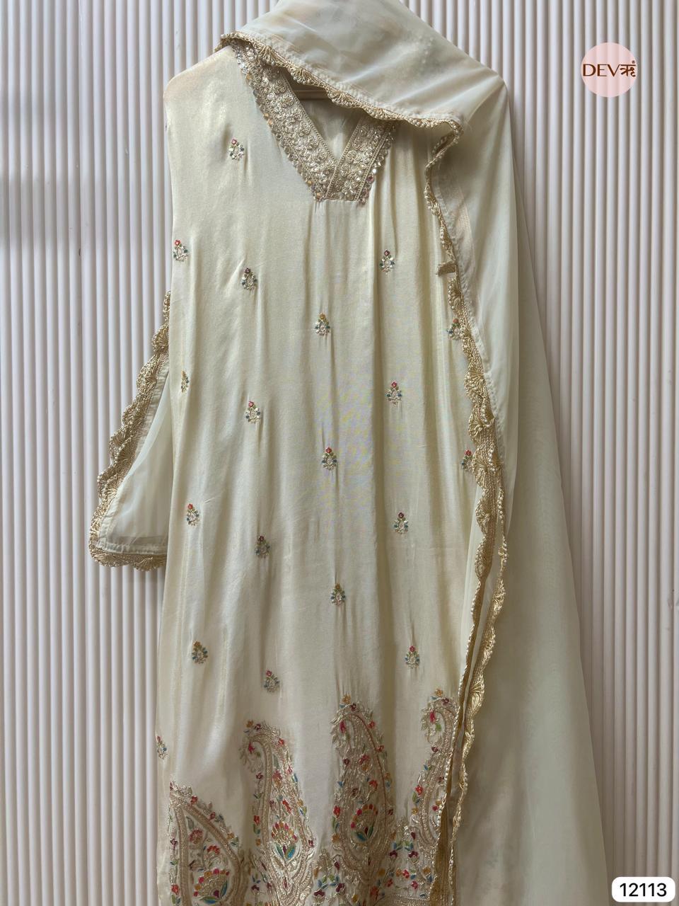 Ivory Tissue Shimmer Silk Embroidered Unstitched 3-Piece Suit (Devri – D.No 12113)
