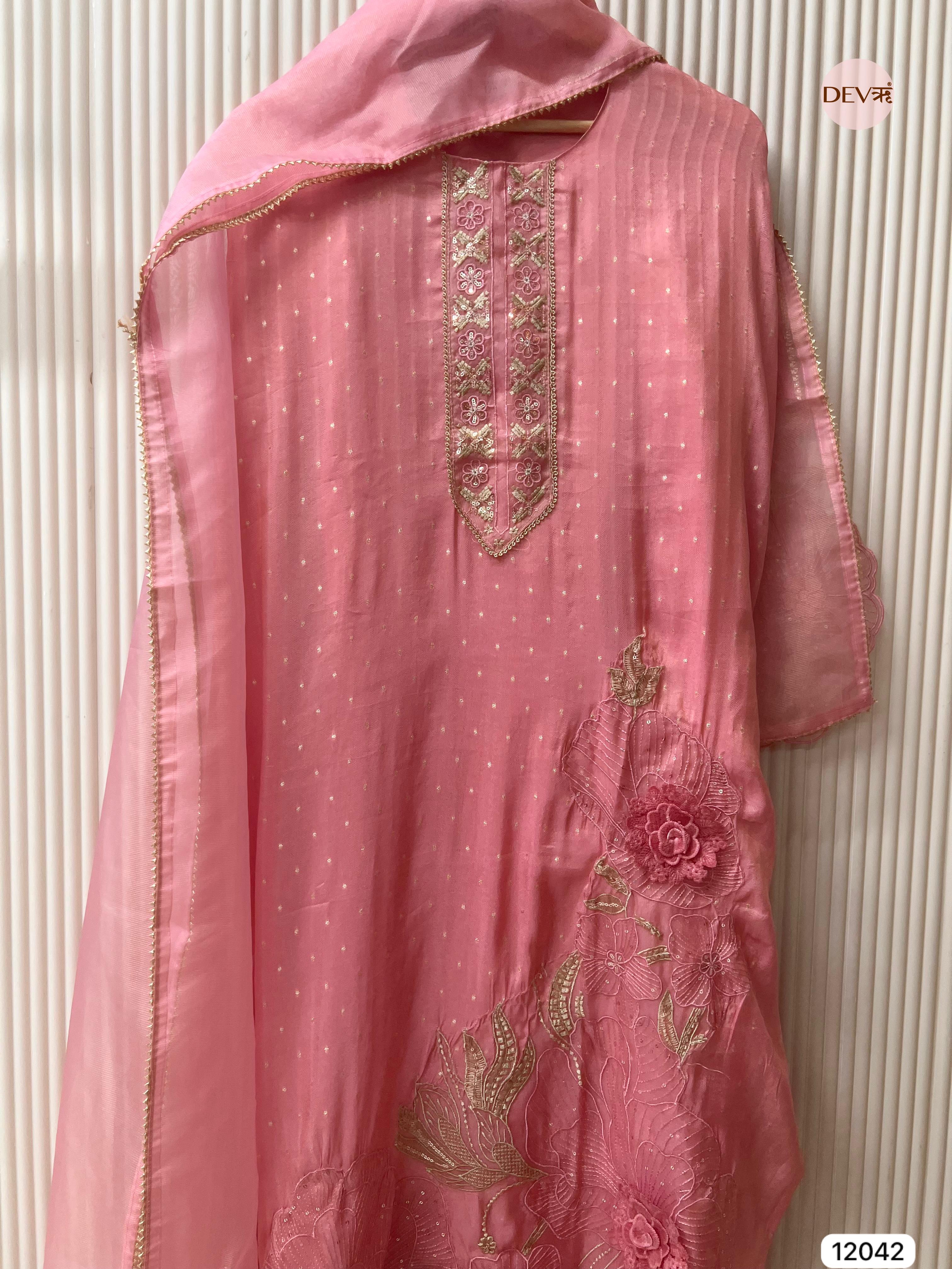Pink Tissue Shimmer Silk Unstitched Embroidered -Set Of 3- {12042}