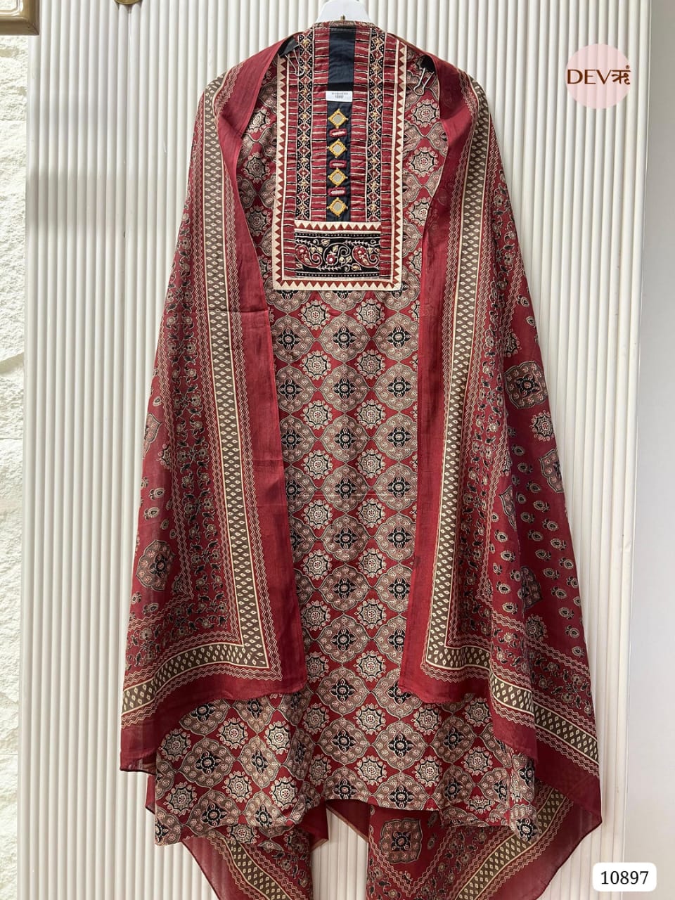 Maroon Pure Cotton Unstitched Printed Hand Embroidered -Set Of 3 {10897}