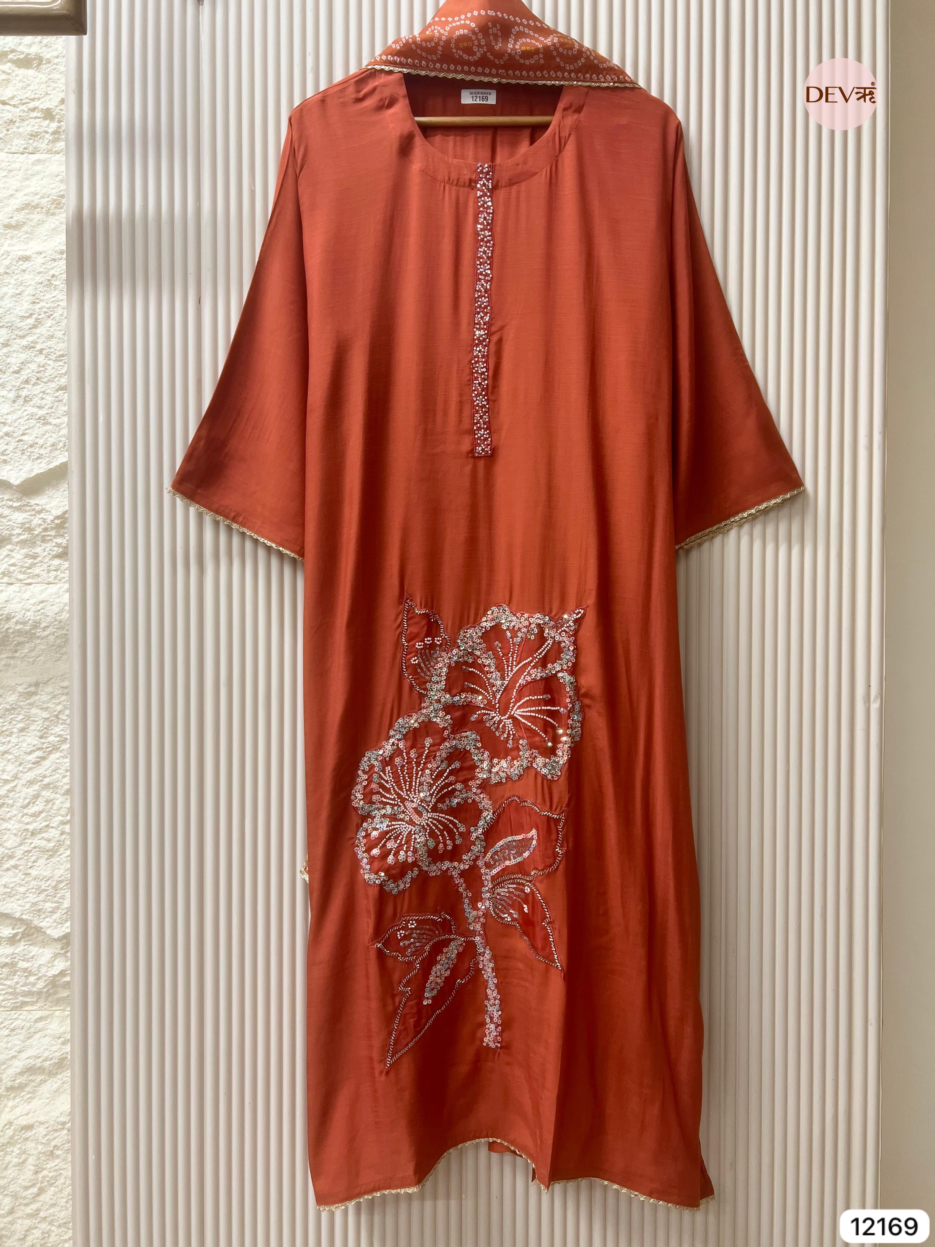 Rust Pure Russian Silk Semi Stitched Hand Embroidered -Set Of 3 - {12169}