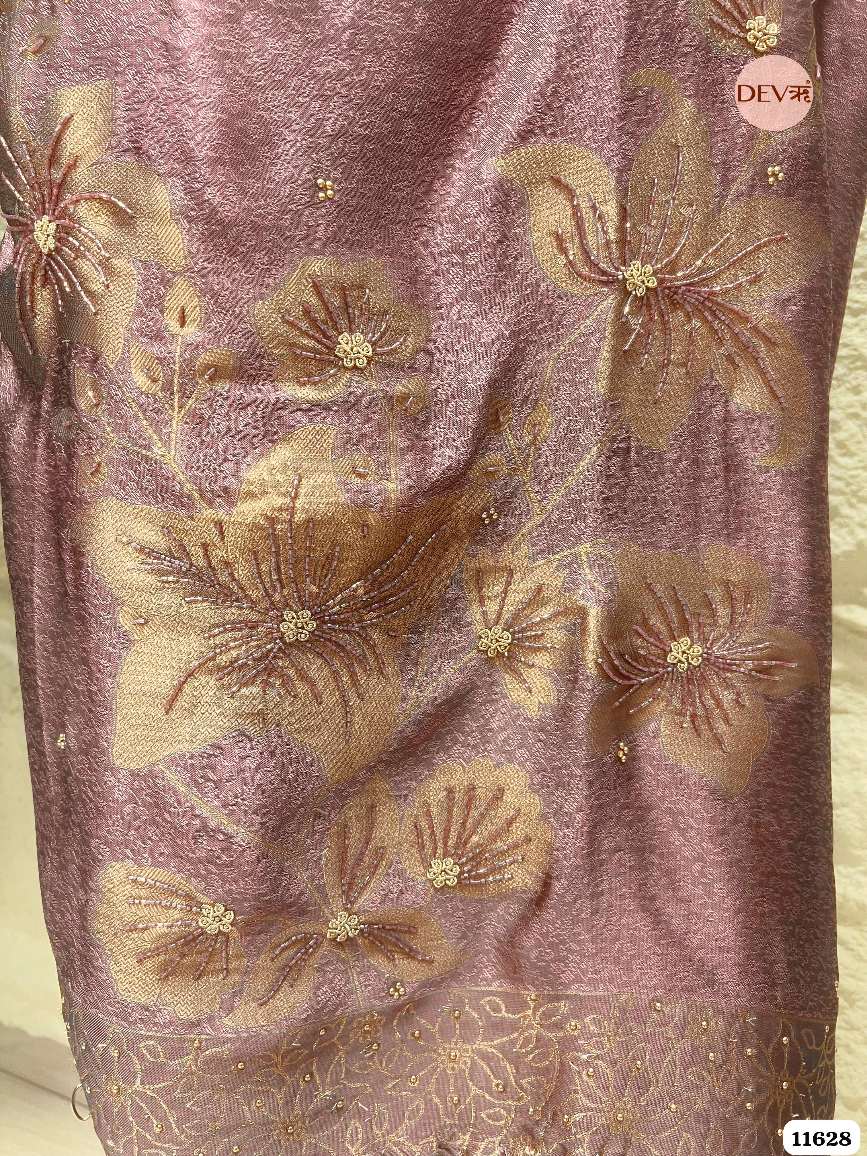 Purple Pure Dola Silk Banarasi Woven Unstitched Hand Embroidered -Set Of 3 {11628}