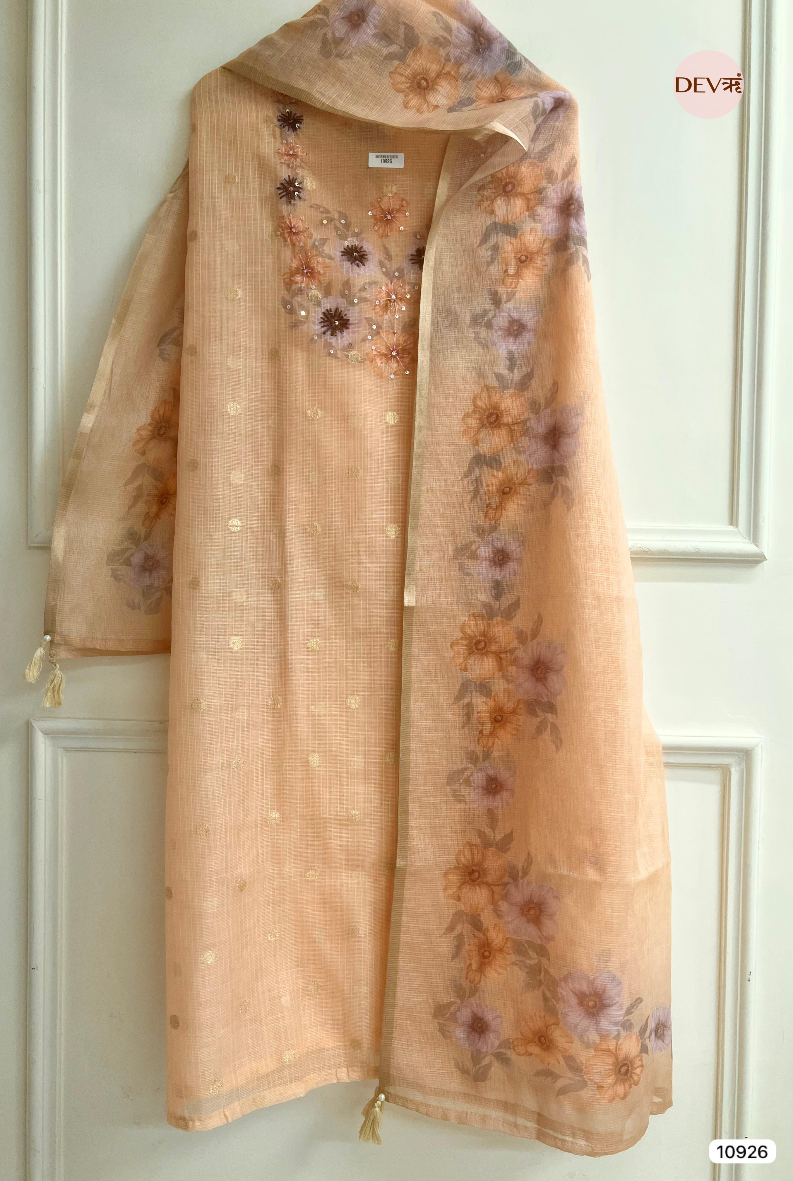 Orange Kota Banarasi Unstitched Printed With Highlight Dupatta -Set Of 3 - {10926}