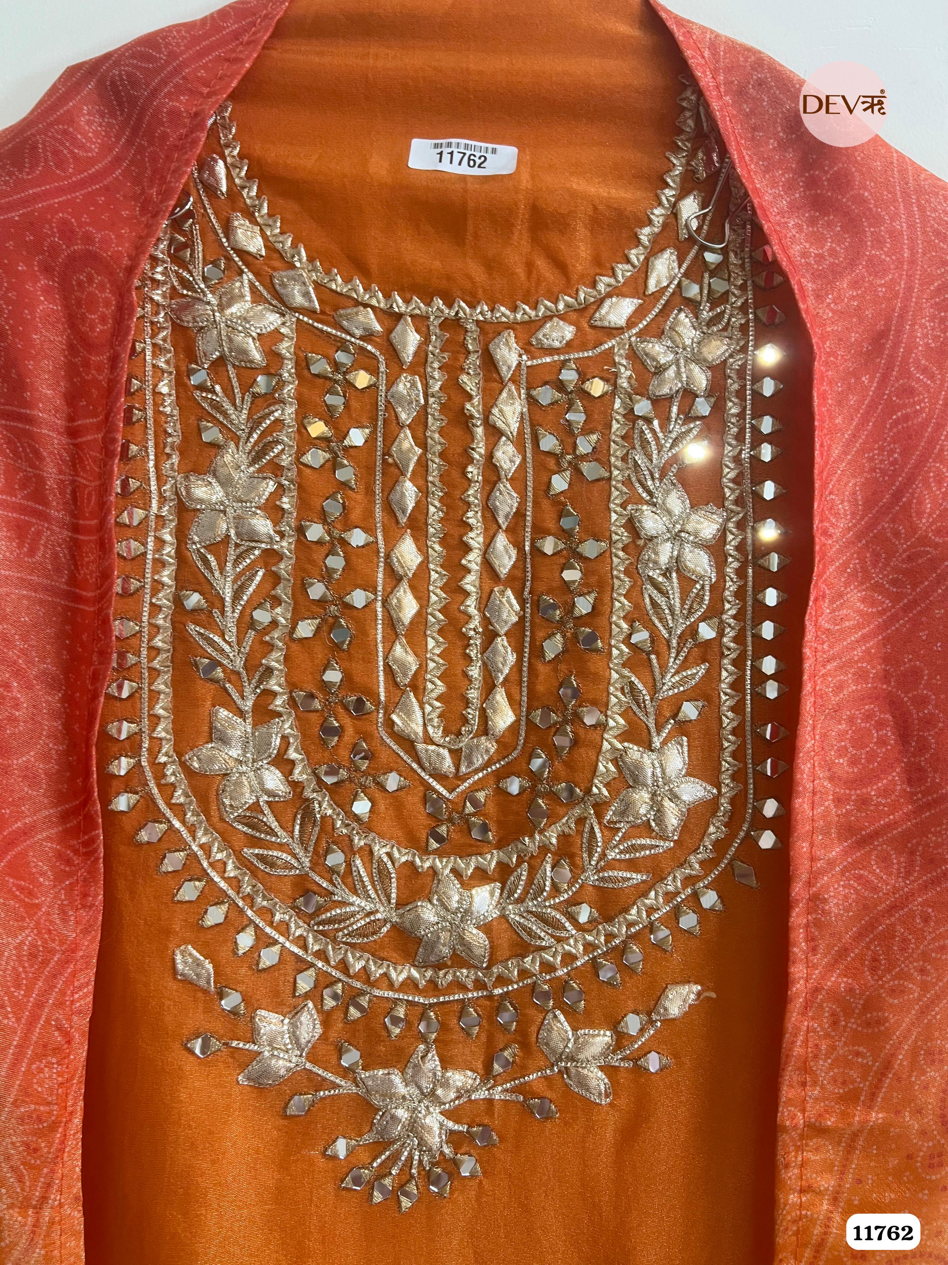 Orange Tissue Silk Unstitched hand Embroidered -Set Of 3 {11762}