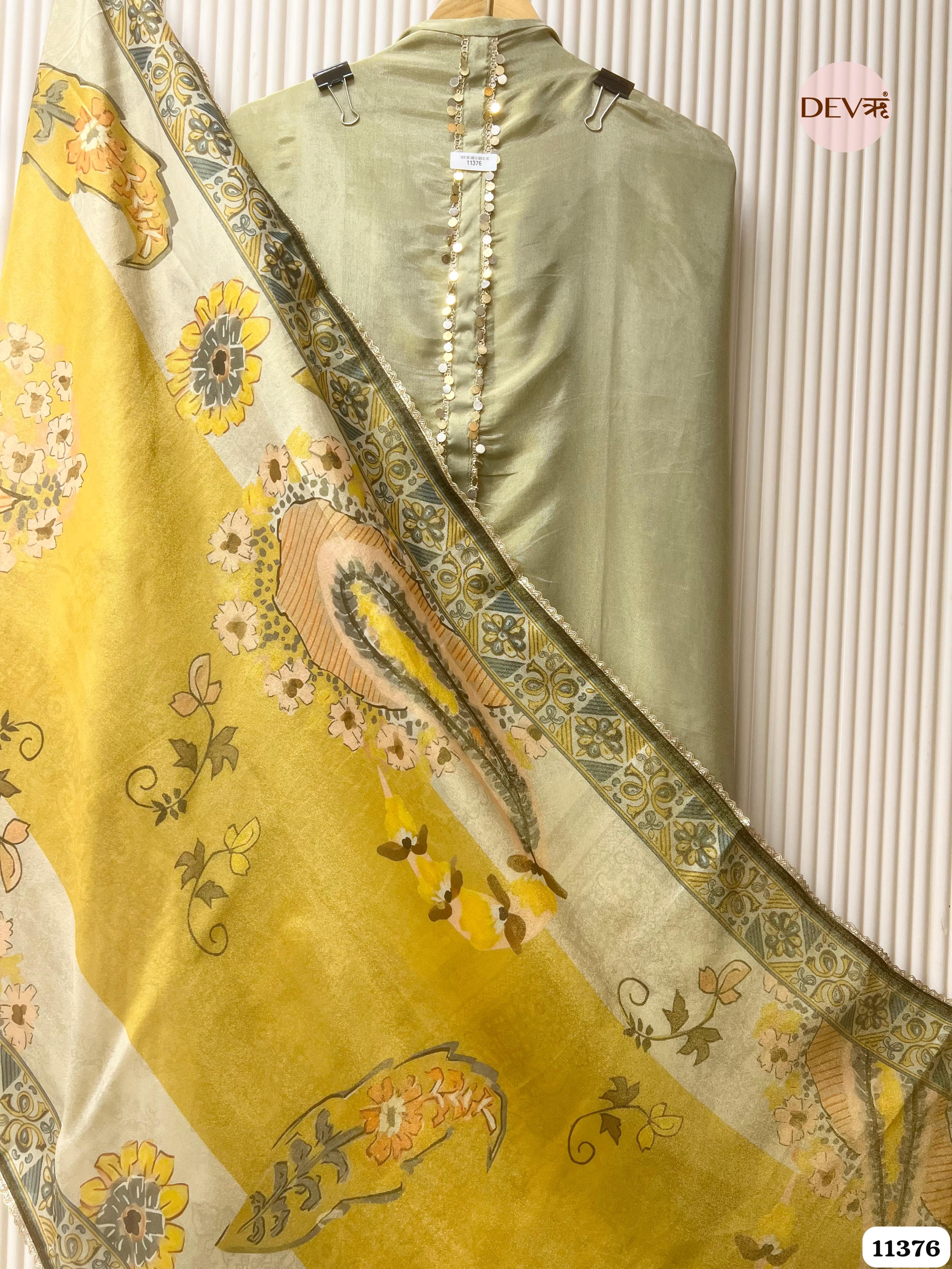 Green Tissue Silk Unstitched Embroidered -Set Of 3 {11376}