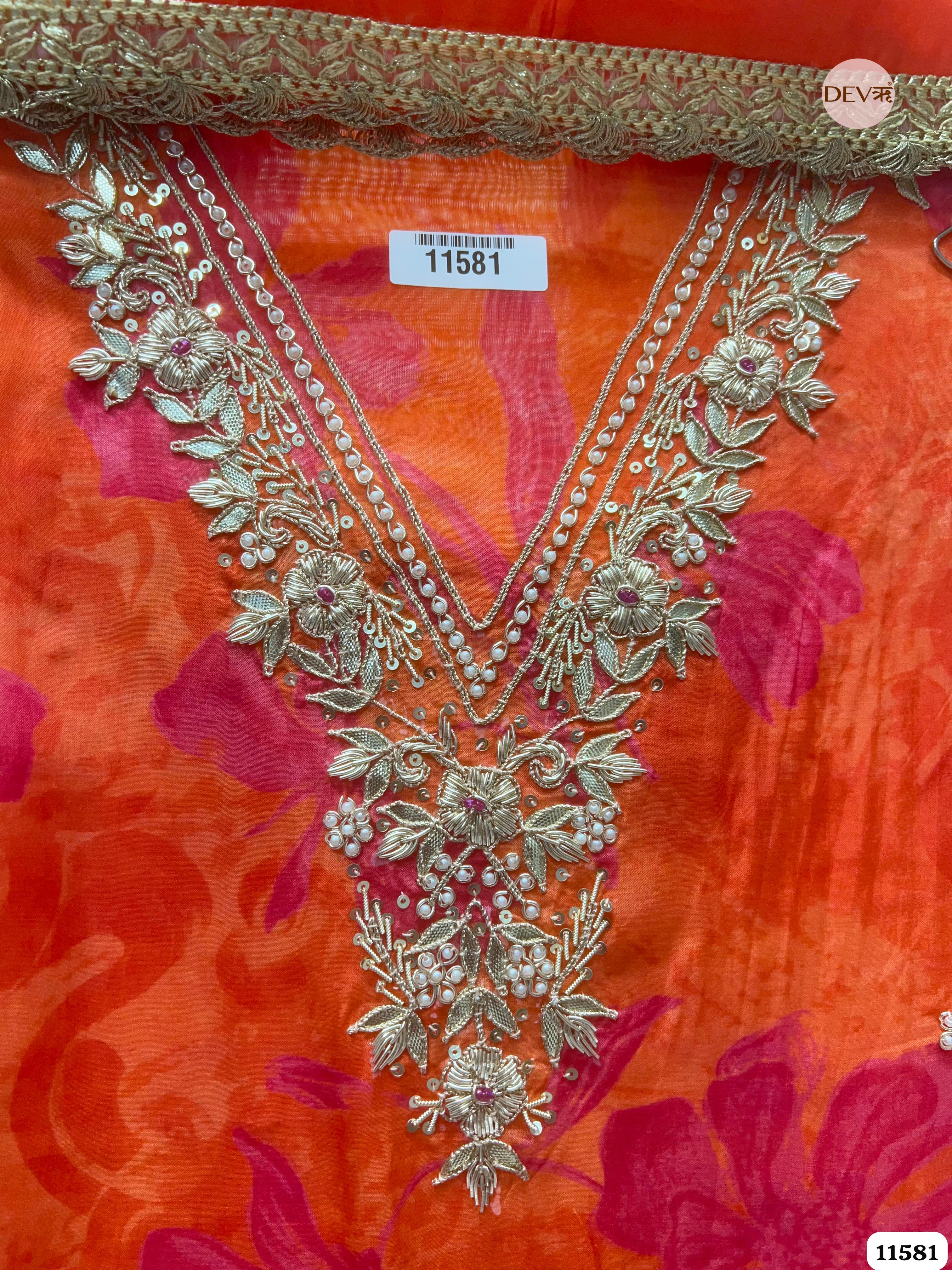 Orange Pure Organza Silk Printed Unstitched Hand Embroidered -Set Of 3 {11581}