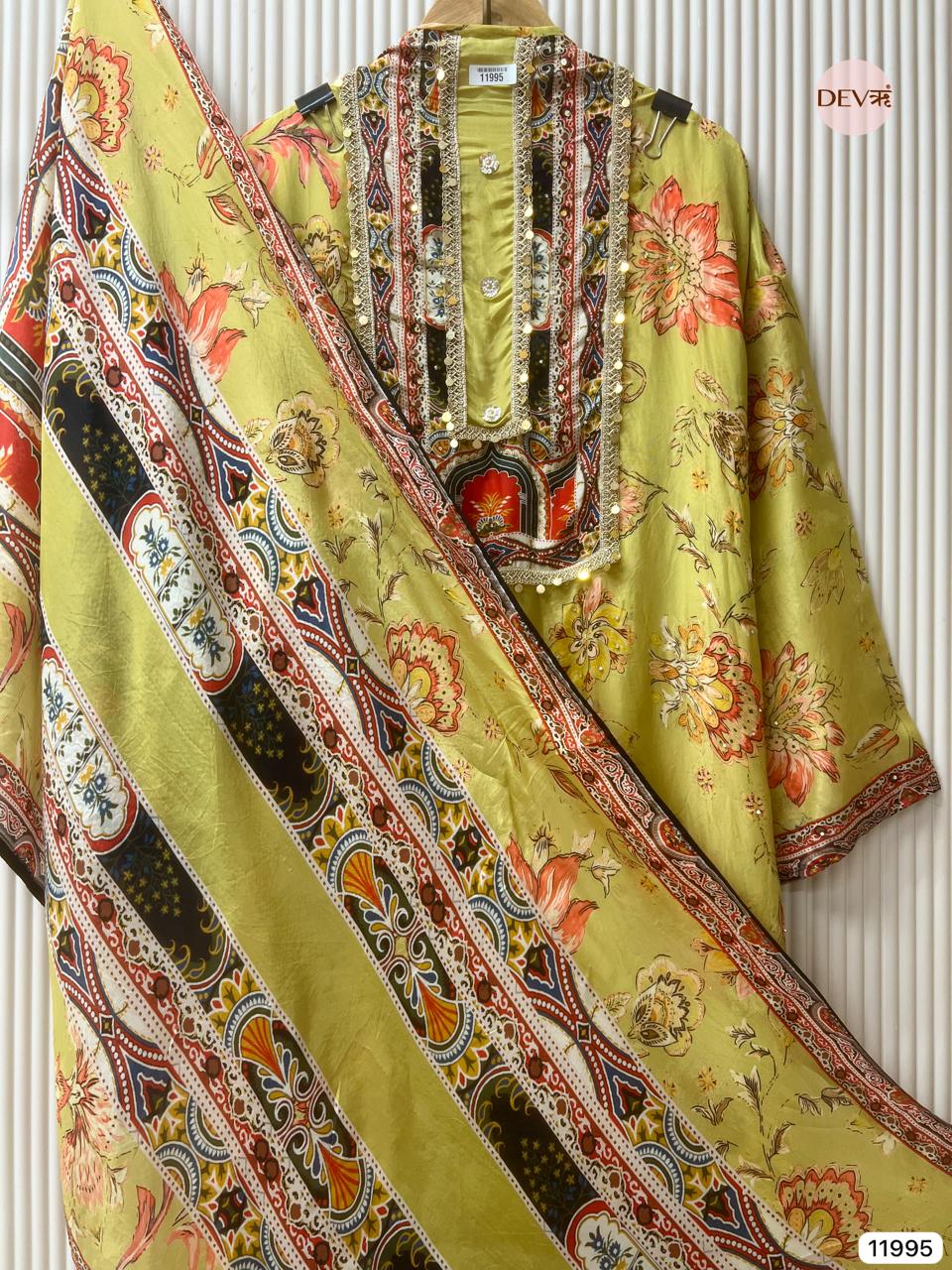 Green Soft Organza Silk Semi Stitched Pakistani Printed Hand Embroidered -Set Of 3 - {11995}