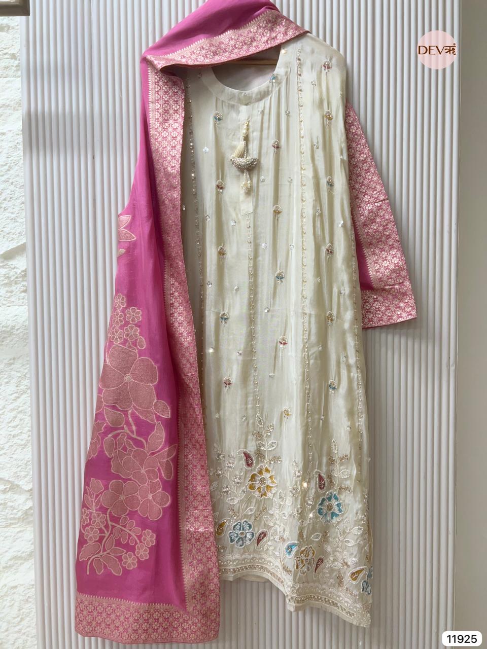 Cream Colour Tissue Shimmer Silk Unstitched Hand Embroidered -Set Of 3 - {11925}