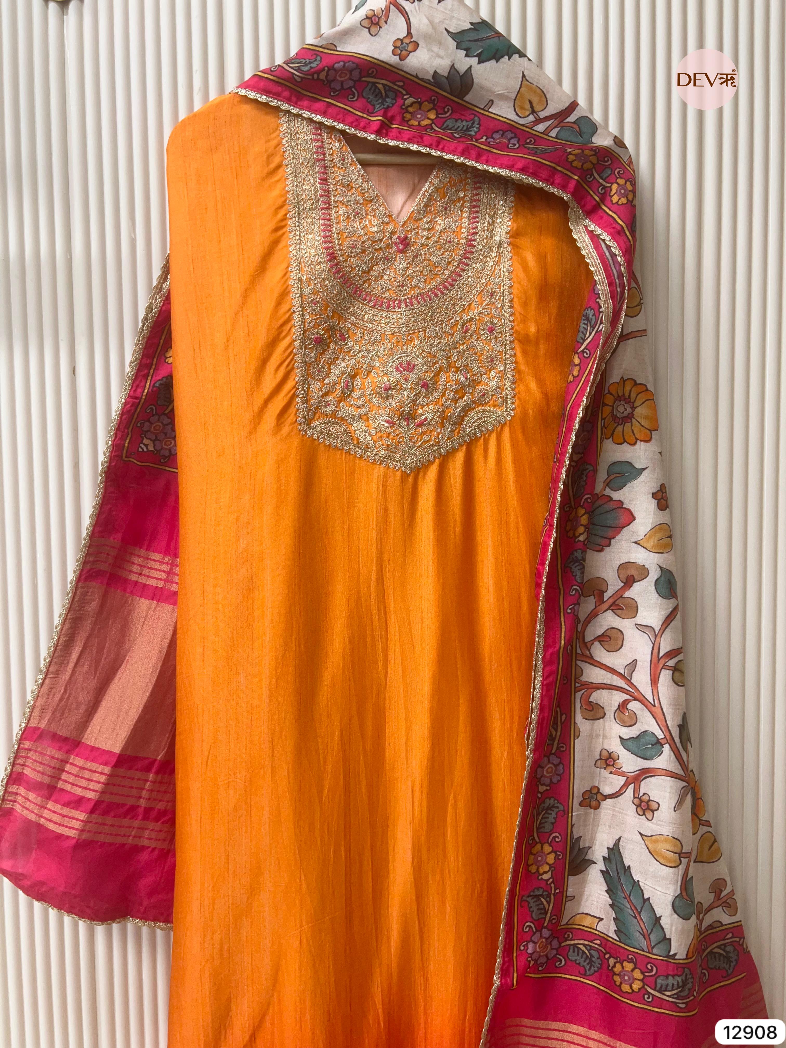 Orange Russian Silk Unstitched Embroidered -Set Of 3 - {11908}