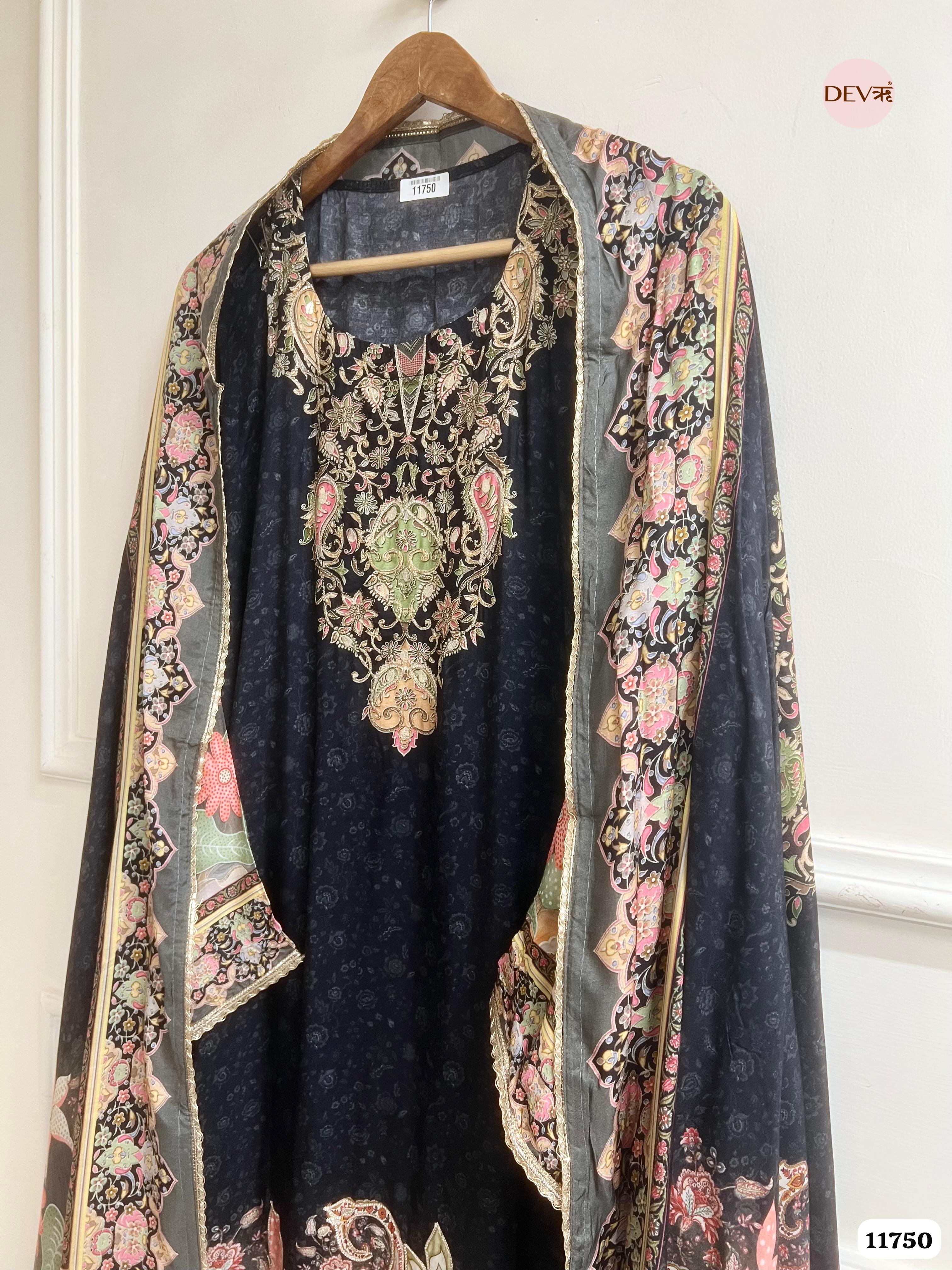 Black Muslin Semi Stitched Printed Hand Embroidered -Set Of 3- {11750}