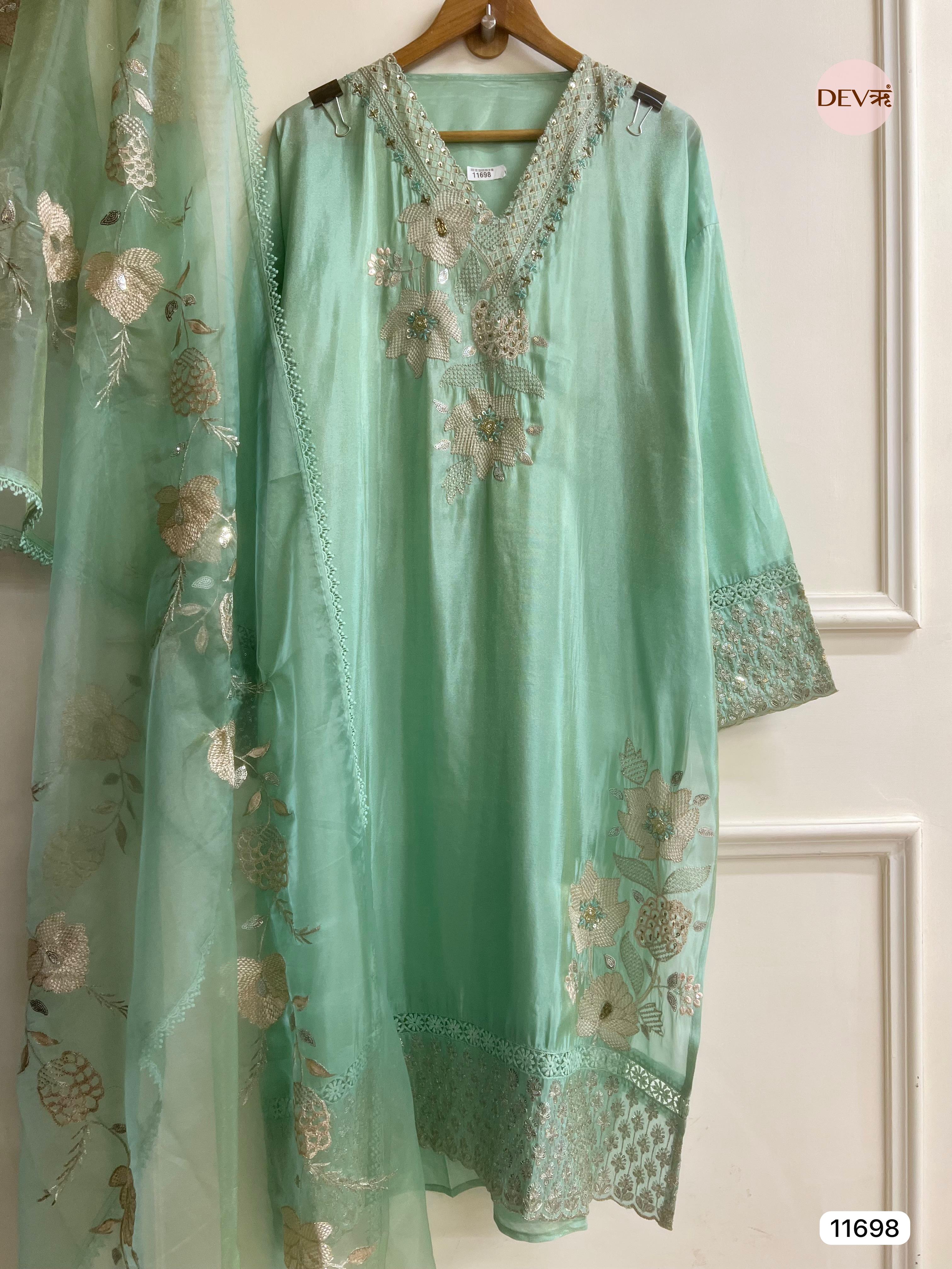 Green Tissue Shimmer Silk Semi Stitched Hand Embroidered -Set Of 3- {11698}