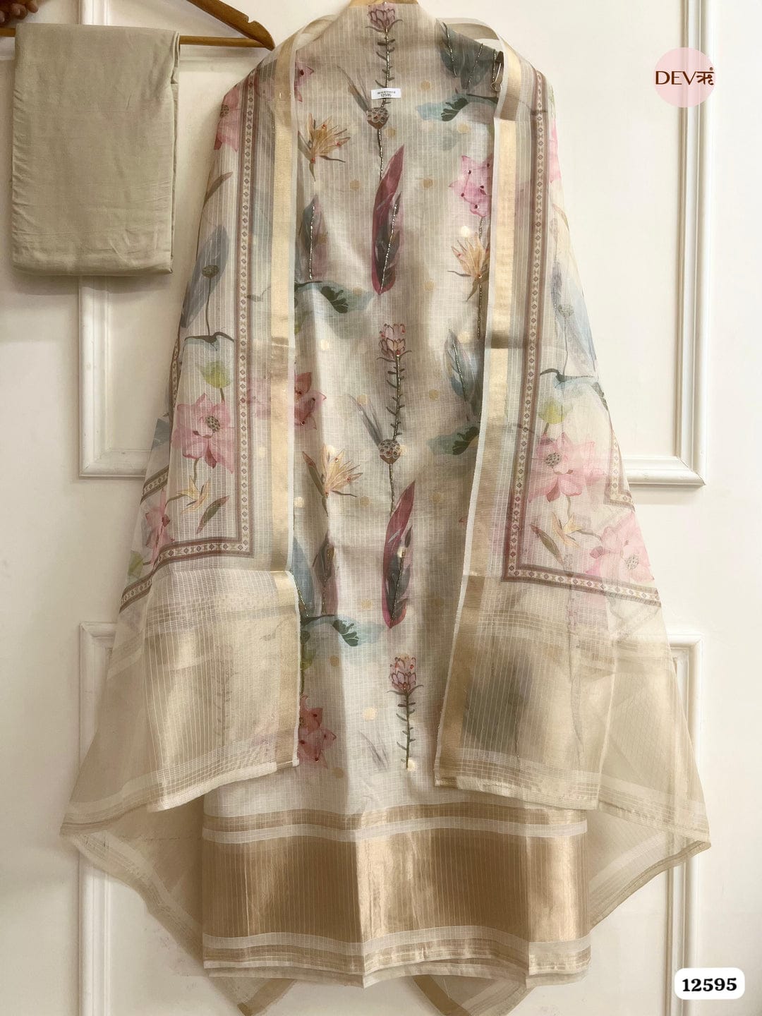 Beige Linen Cotton Floral Unstitched 3-Piece Suit (Devri – D.No 12595)