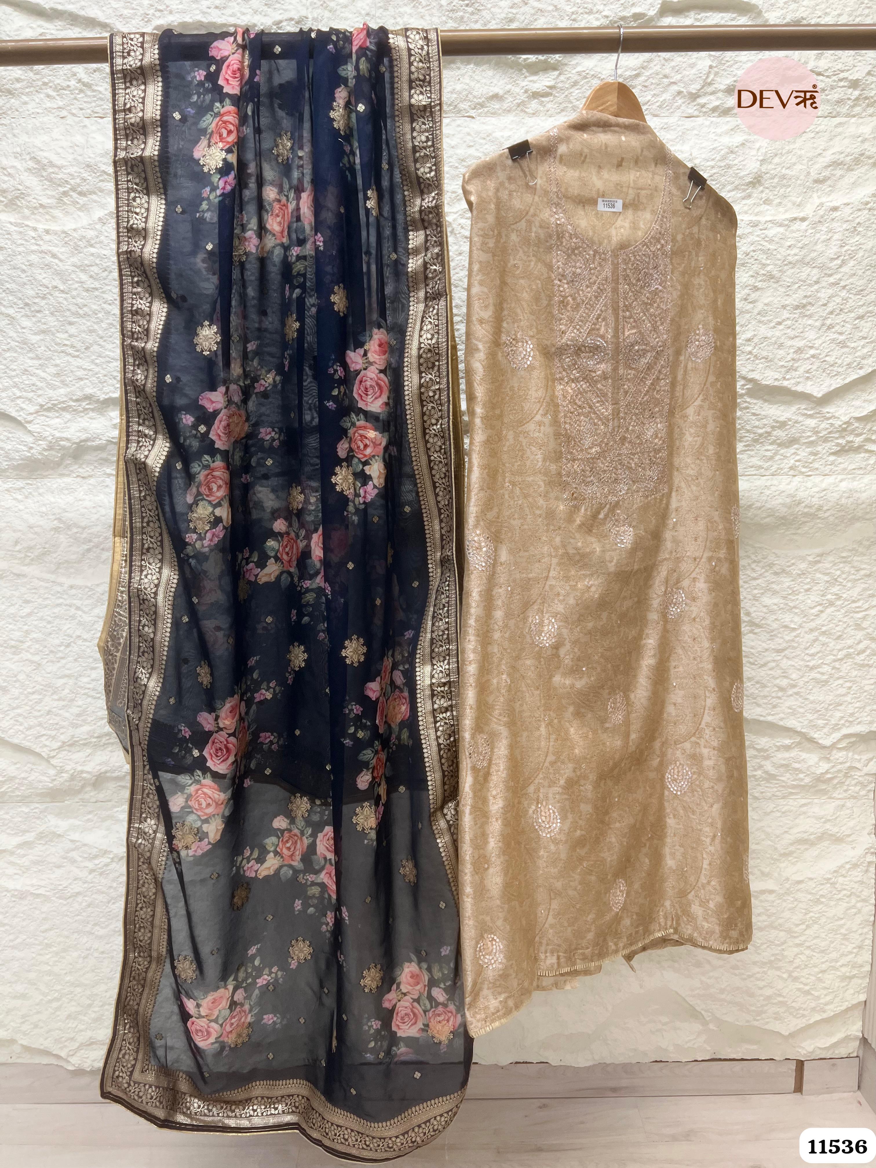 Cream Colour Pure Organza Silk Printed Unstitched Hand Embroidered -Set Of 3 {11536}