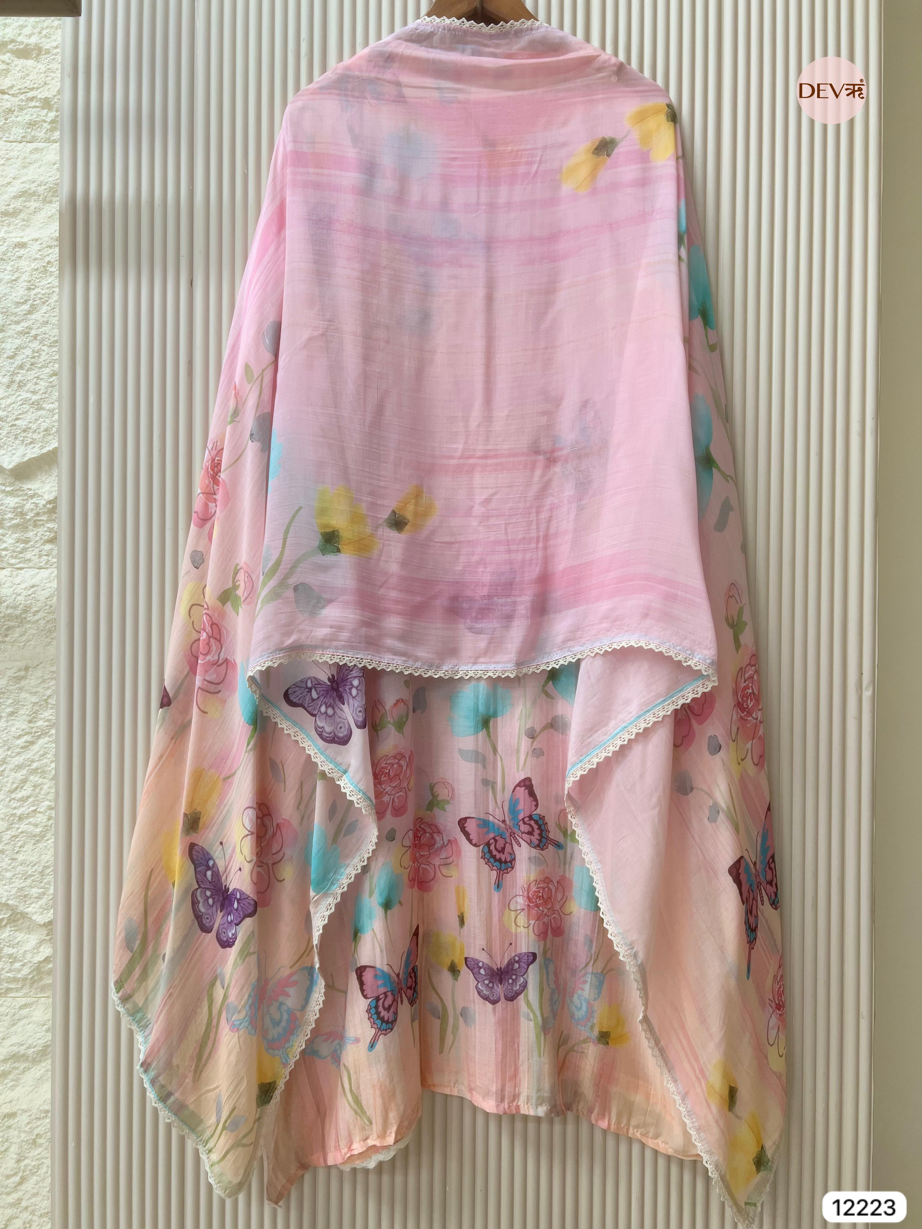 Soft Pink Mul Chanderi Butterfly Printed Unstitched 3-Piece Suit (Devri – D.No 12223)
