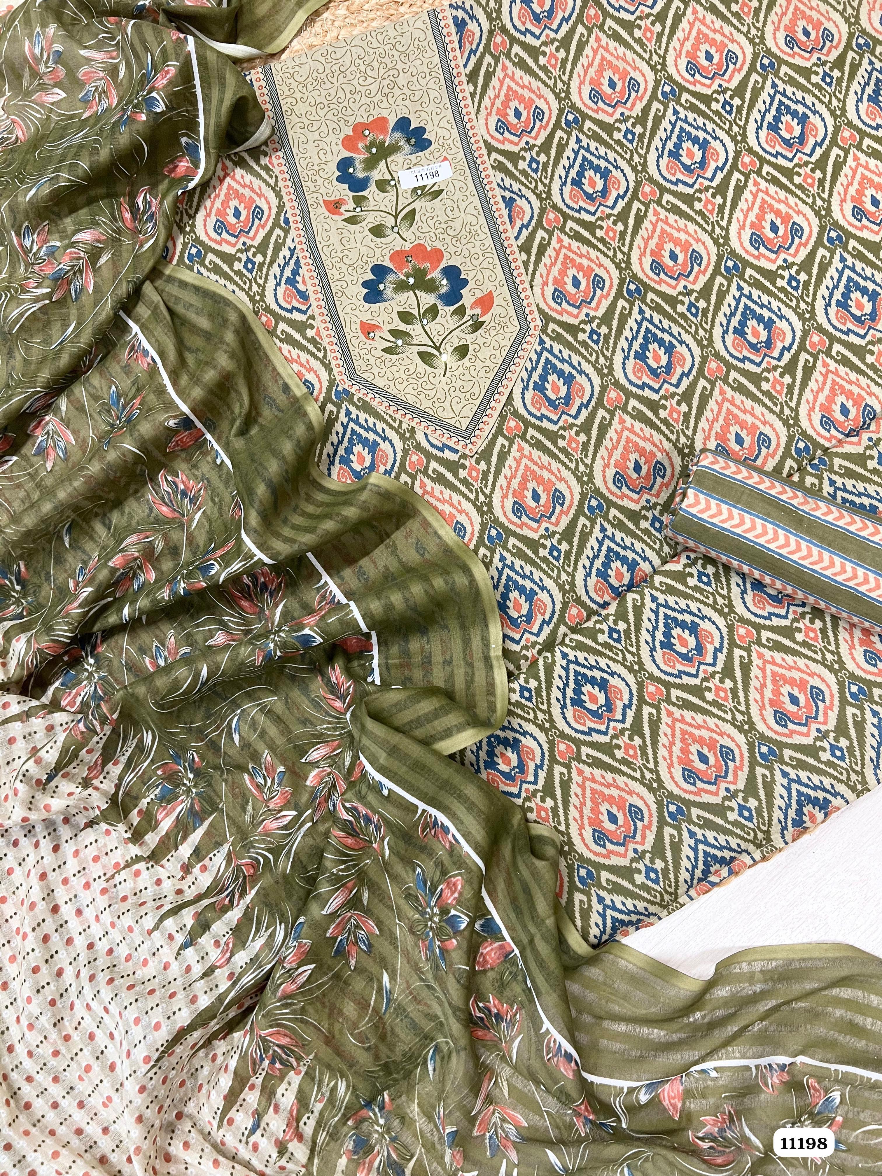 Green Cotton Unstitched Printed Hand Embidered -Set Of 3 {11198}