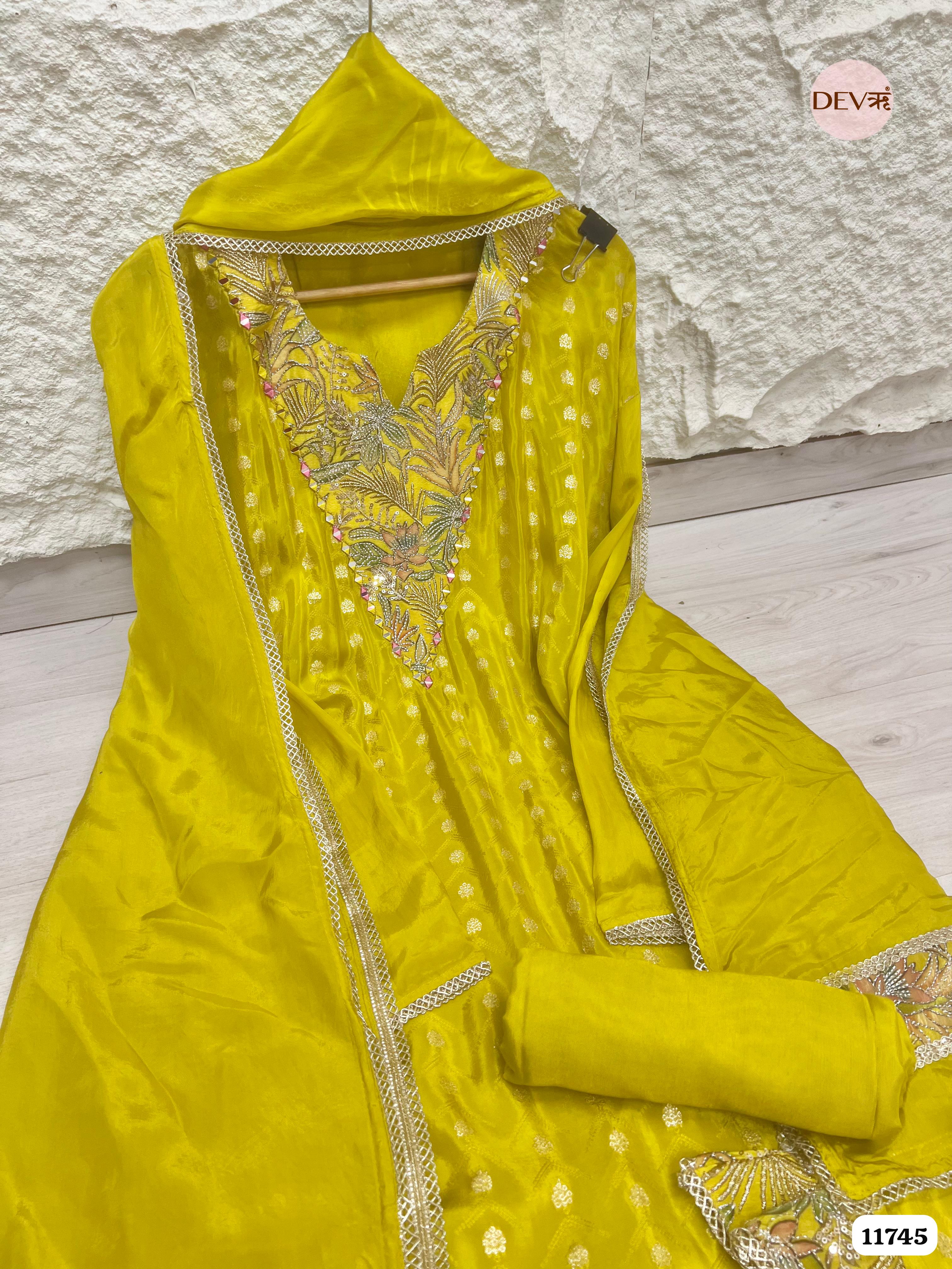 Yellow Tissue Shimmer Silk UnstitchedHand Embroidered -Set Of 3 {11745}