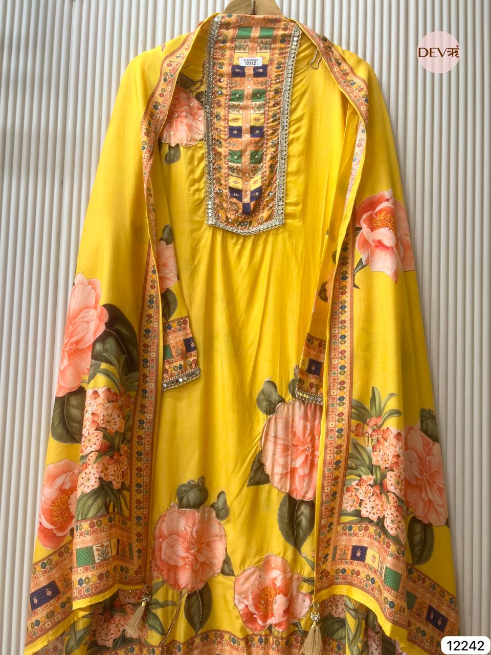 Yellow Pure Muslin Printed Unstitched 3-Piece Suit (Devri – D.No 12242)