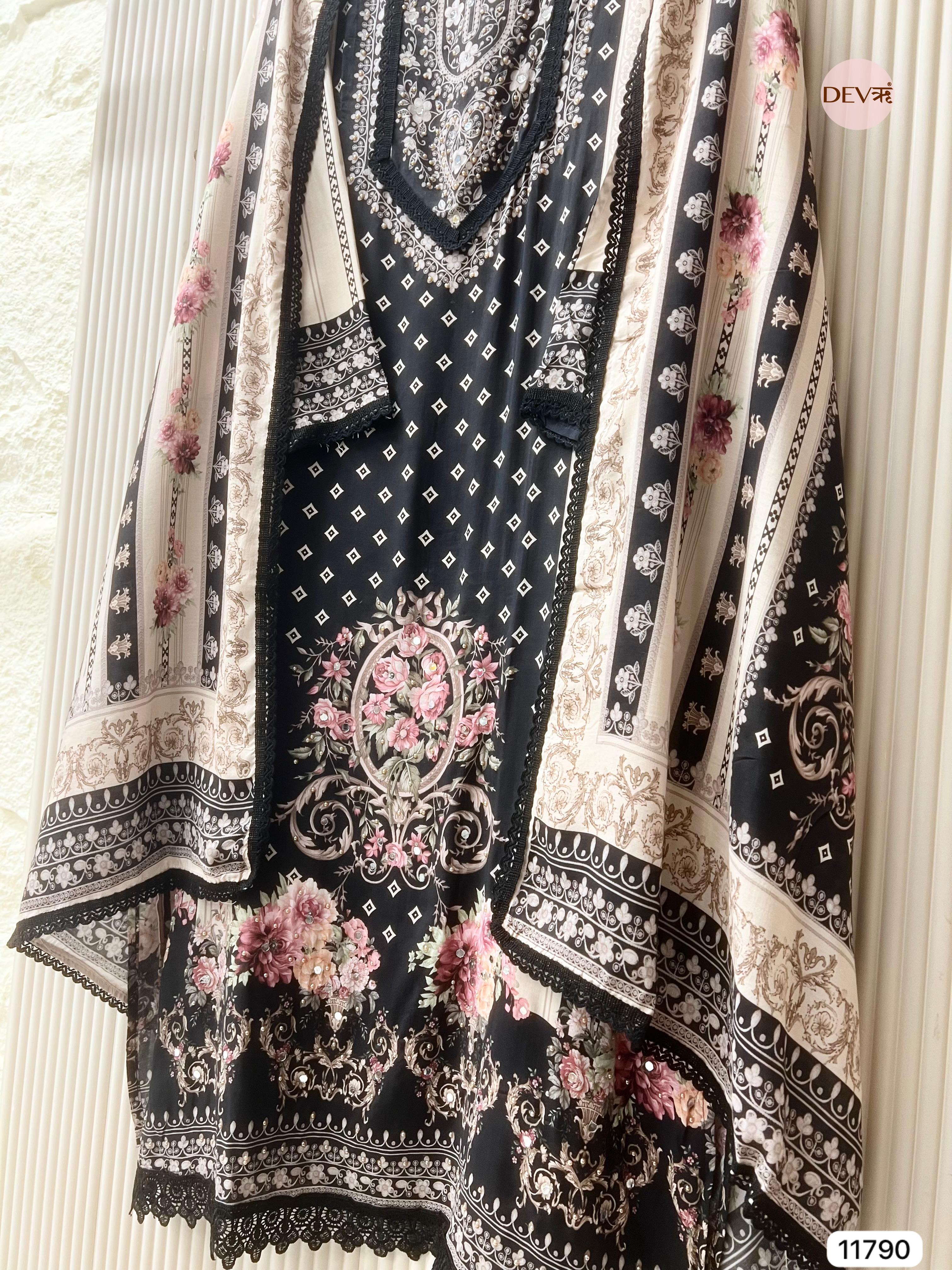 Black Pure Muslin Semi Stitched Pakistani Printed Hand Embroidered -Set Of 3 - {11790}