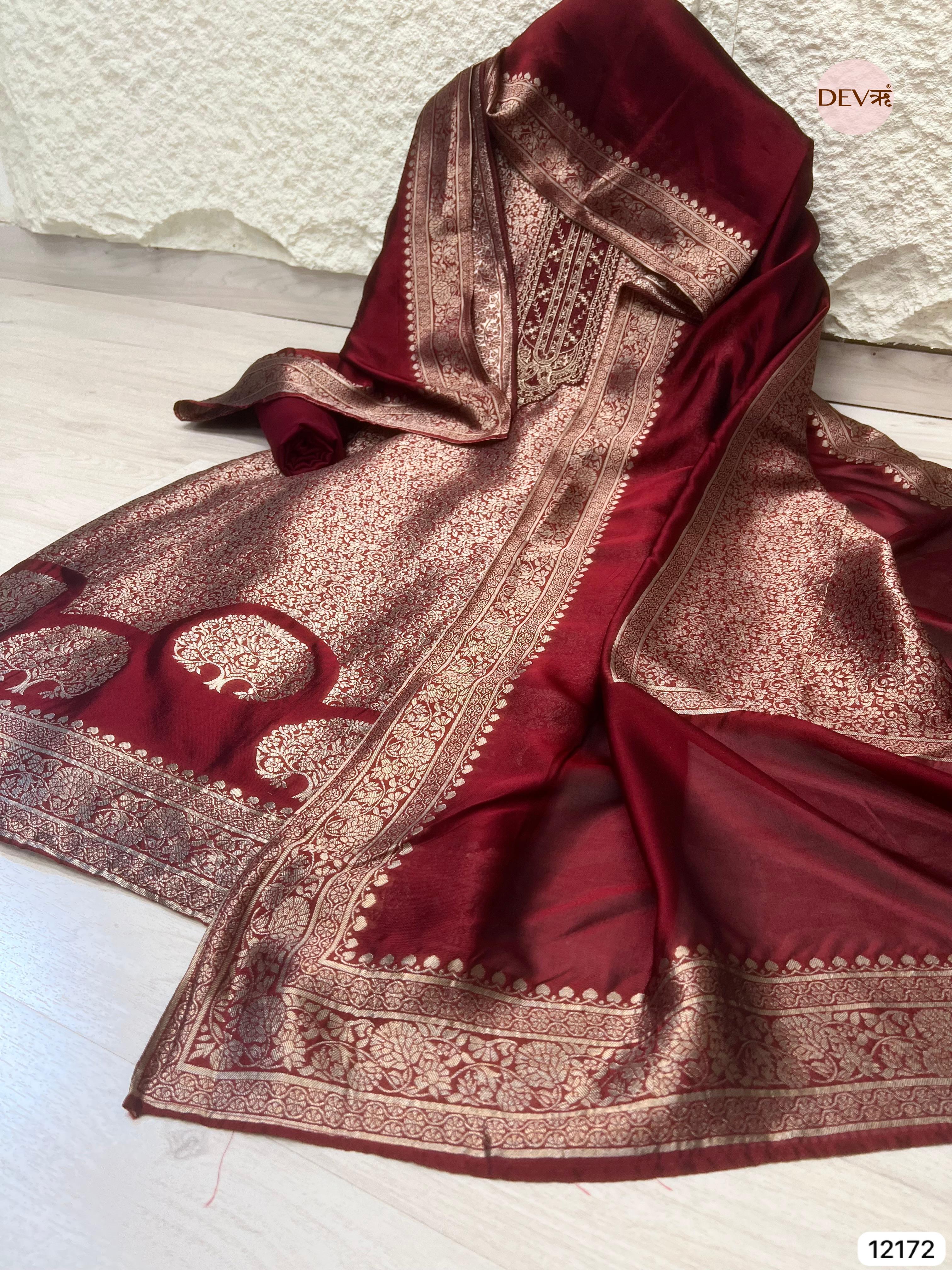 Maroon Pure Banarasi Silk Unstitched Hand Embroidered -Set Of 3 - {12172}