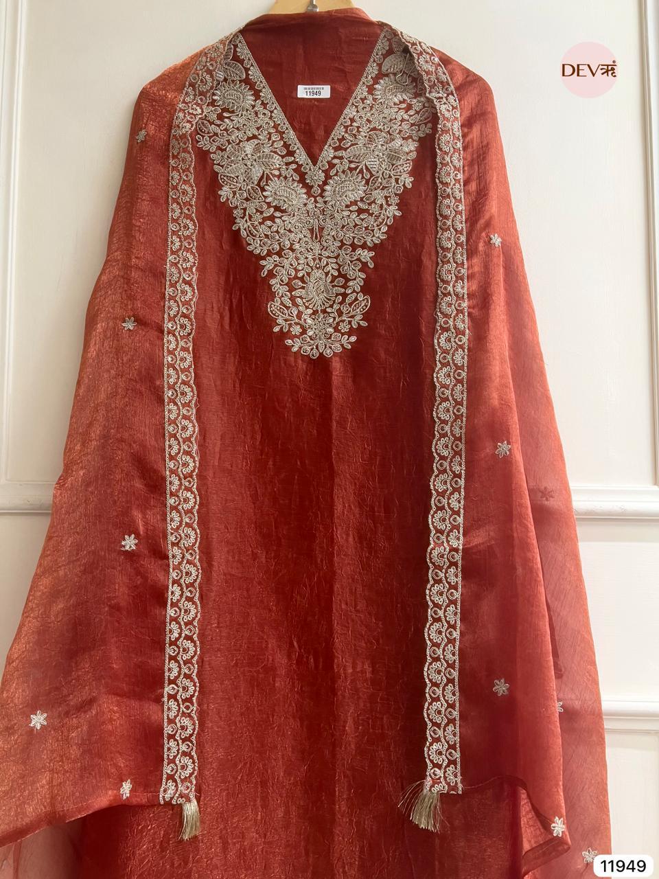 Rust Crush Tissue Embroidered Unstitched 3-Piece Suit (Devri – D.No 11949)